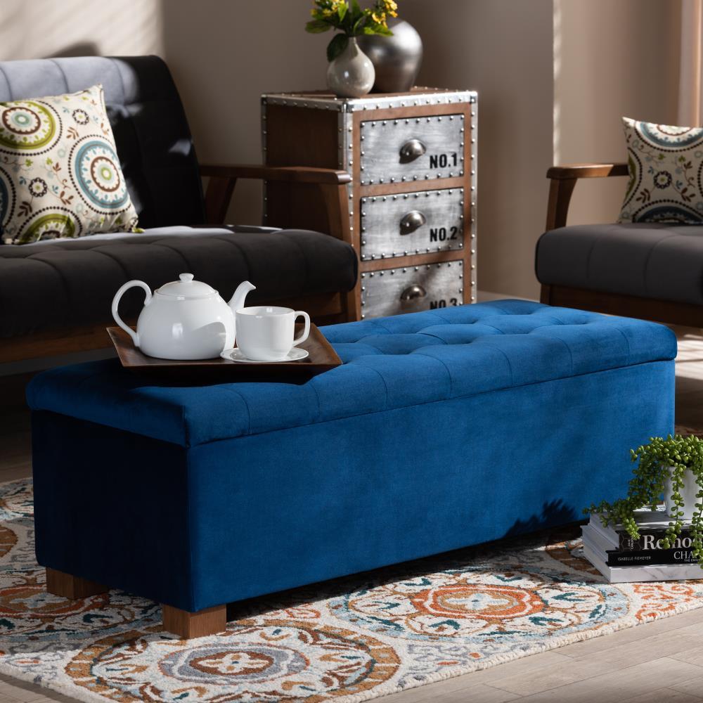 Roanoke Velvet Upholstered Grid Tufted Ottoman Bench: Bedroom Accent, Hidden Storage - Baxton Studio