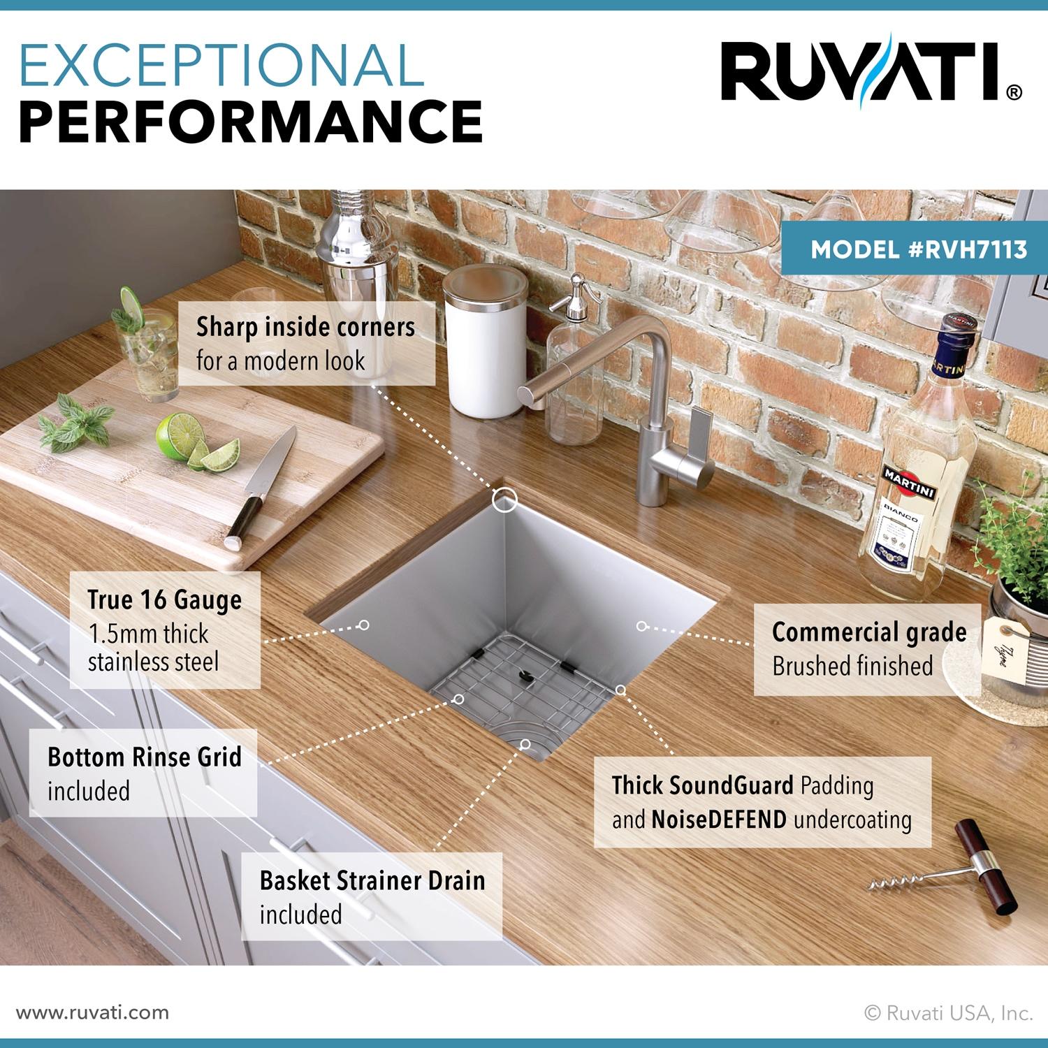 Ruvati Undermount 16 Gauge Zero Radius Bar Prep Sink Stainless Steel Single Bowl