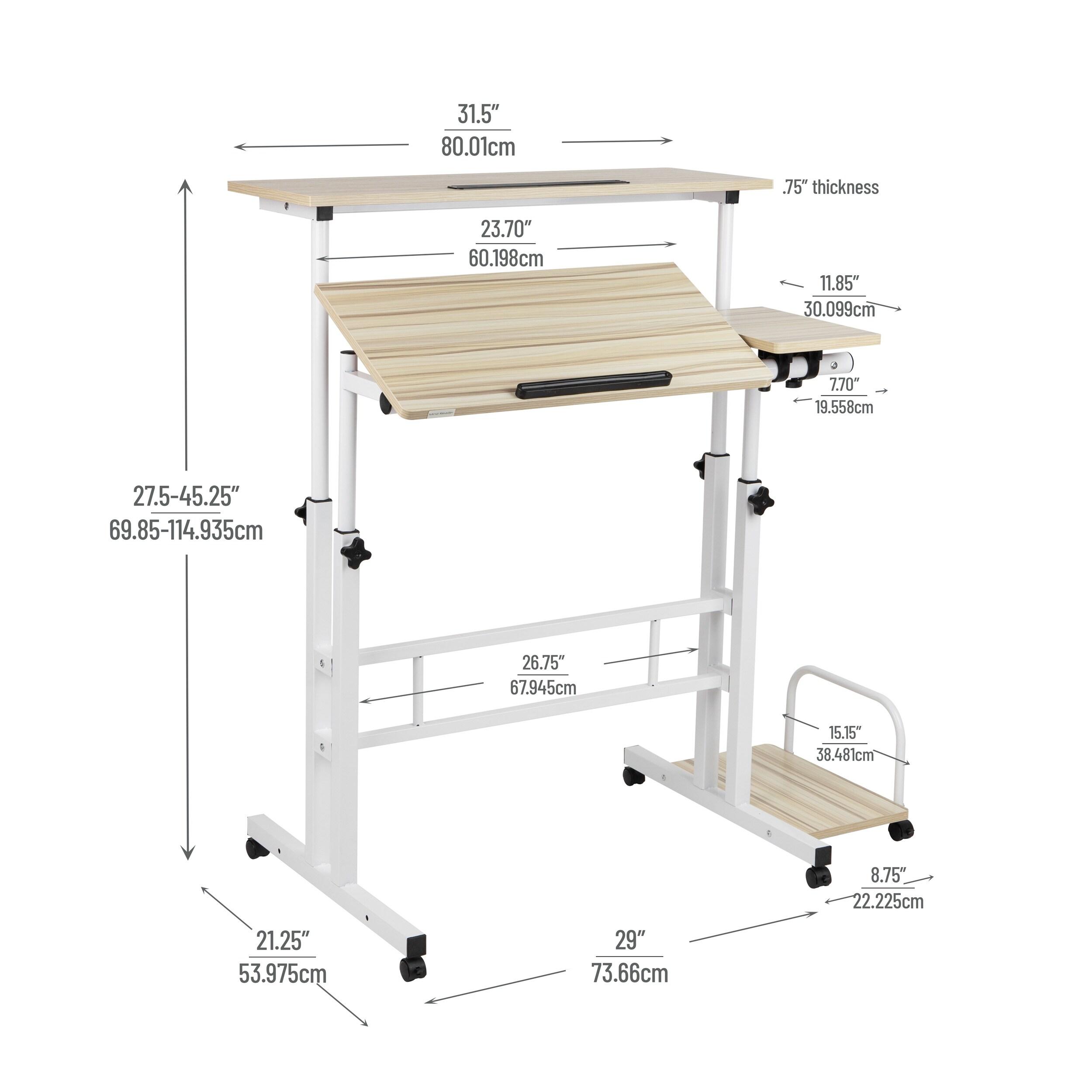 Mind Reader Standing Desk, Adjustable Height, Computer Desk, Laptop Desk, Portable, Rolling, 23.5"L x 19.5"W x 39"H, White