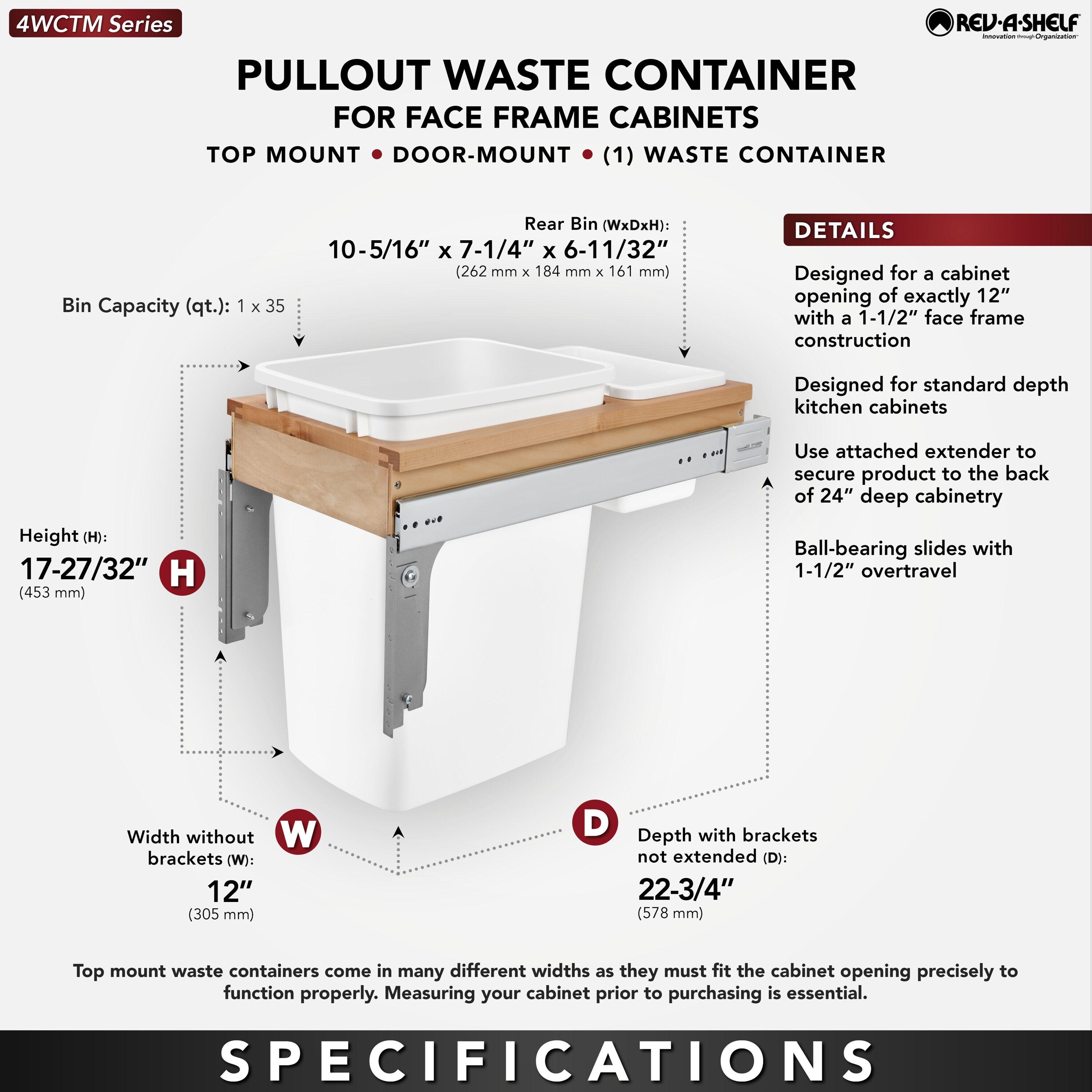 Rev-A-Shelf Double Pullout Trash Can for Base Kitchen/ Bathroom Cabinets, 35 Qt Wood Top Mount Garbage Bin, 18" x 1.5" Face-Frame, White, 4WCTM-21DM2