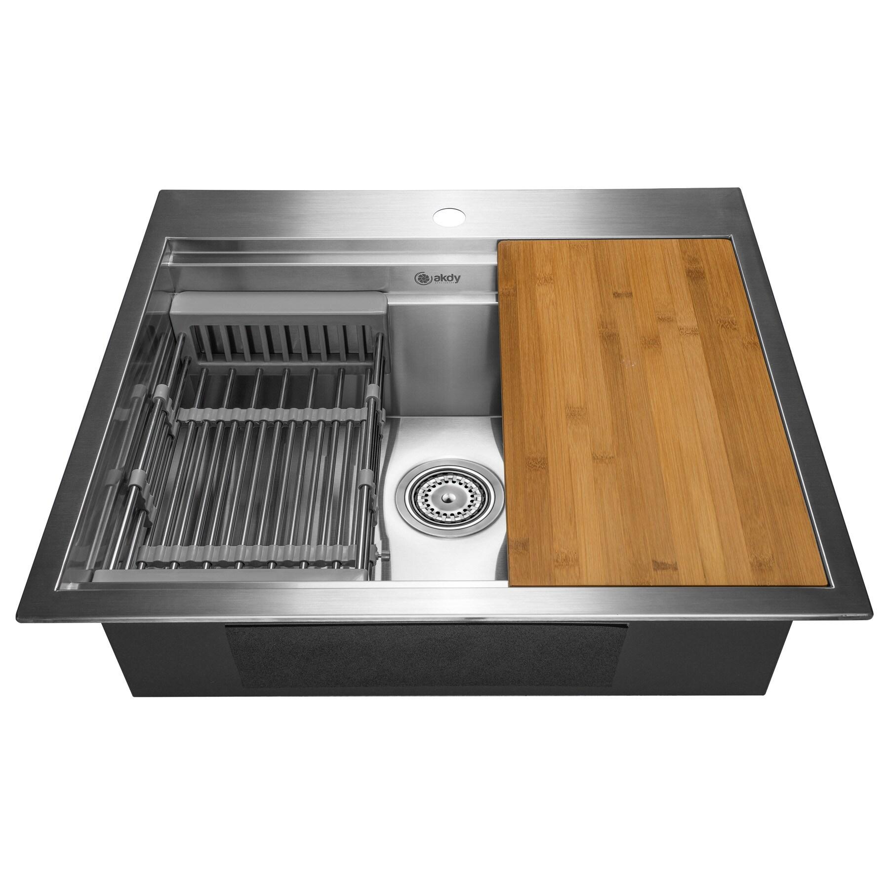 Drop-In 25-in x 22-in Brushed Stainless Steel Single Bowl 1-Hole Workstation Kitchen Sink