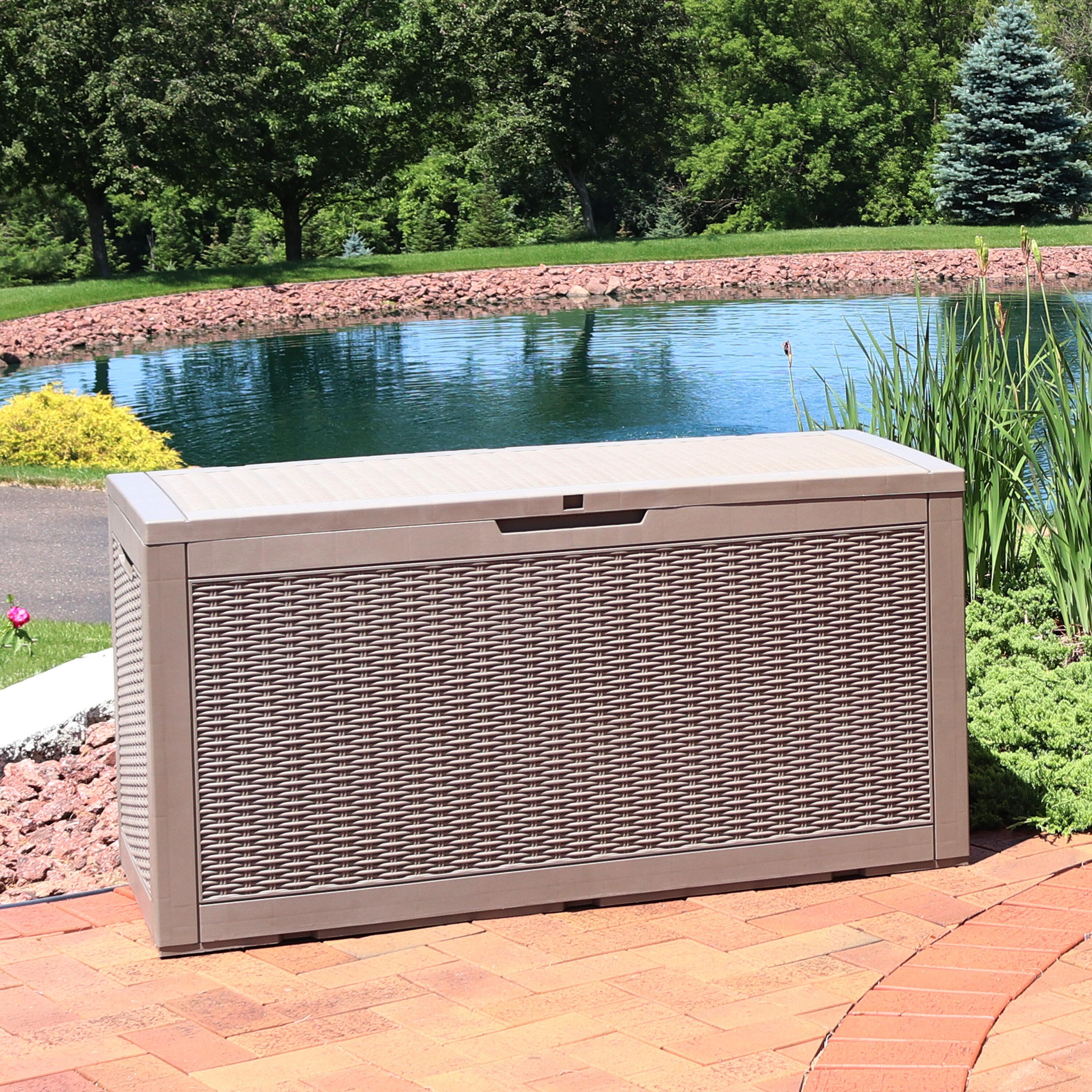 Sunnydaze Outdoor Deck and Patio Storage Box with Rattan Design - 100 Gal. - Driftwood