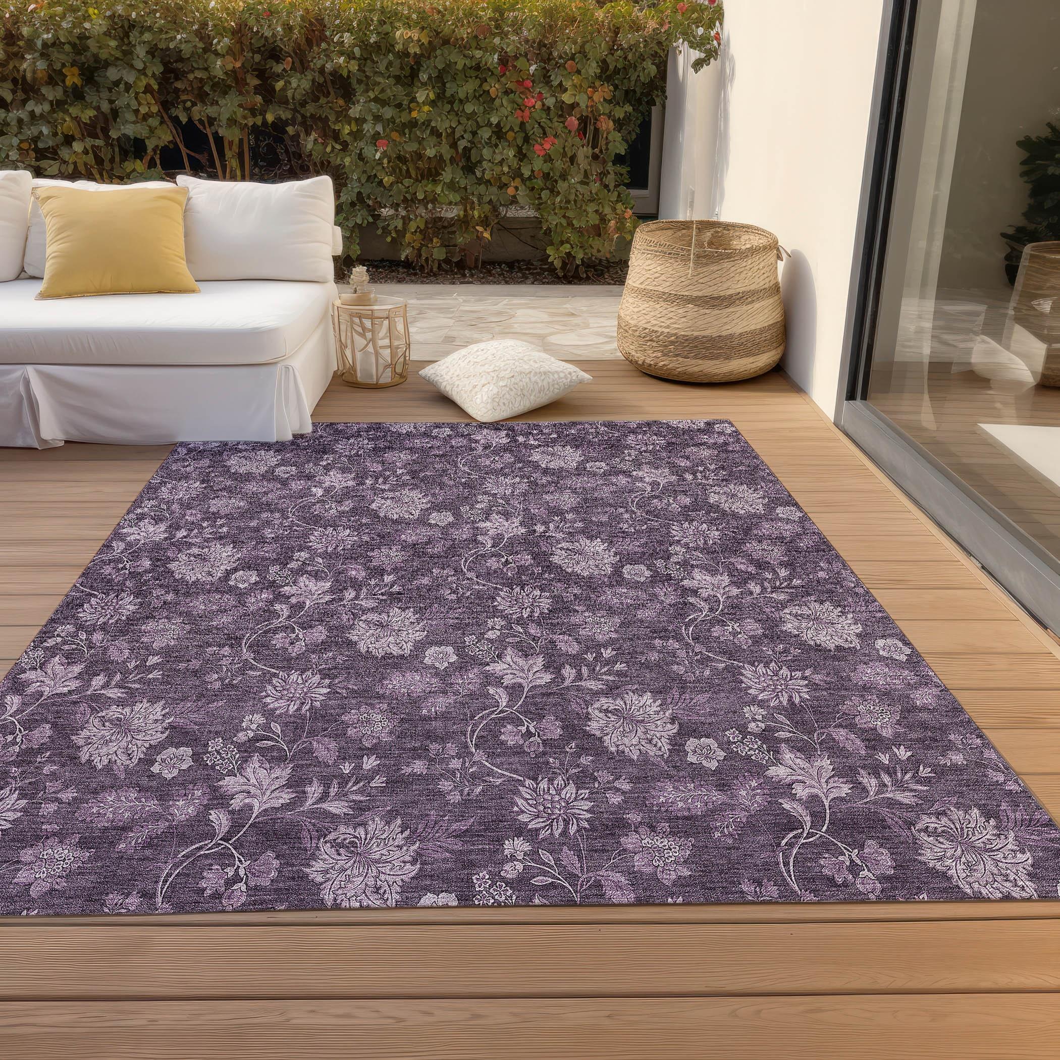 Plum Floral Rectangular Synthetic Indoor/Outdoor Area Rug