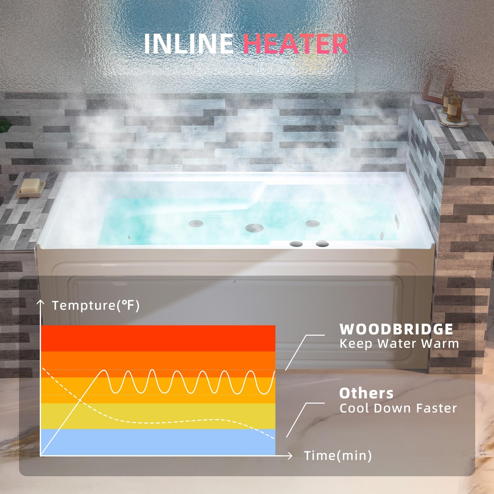 60" x 30" Whirlpool Heated Rectangular Alcove Acrylic Bathtub with Chrome/Matte Black Drain and Overflow