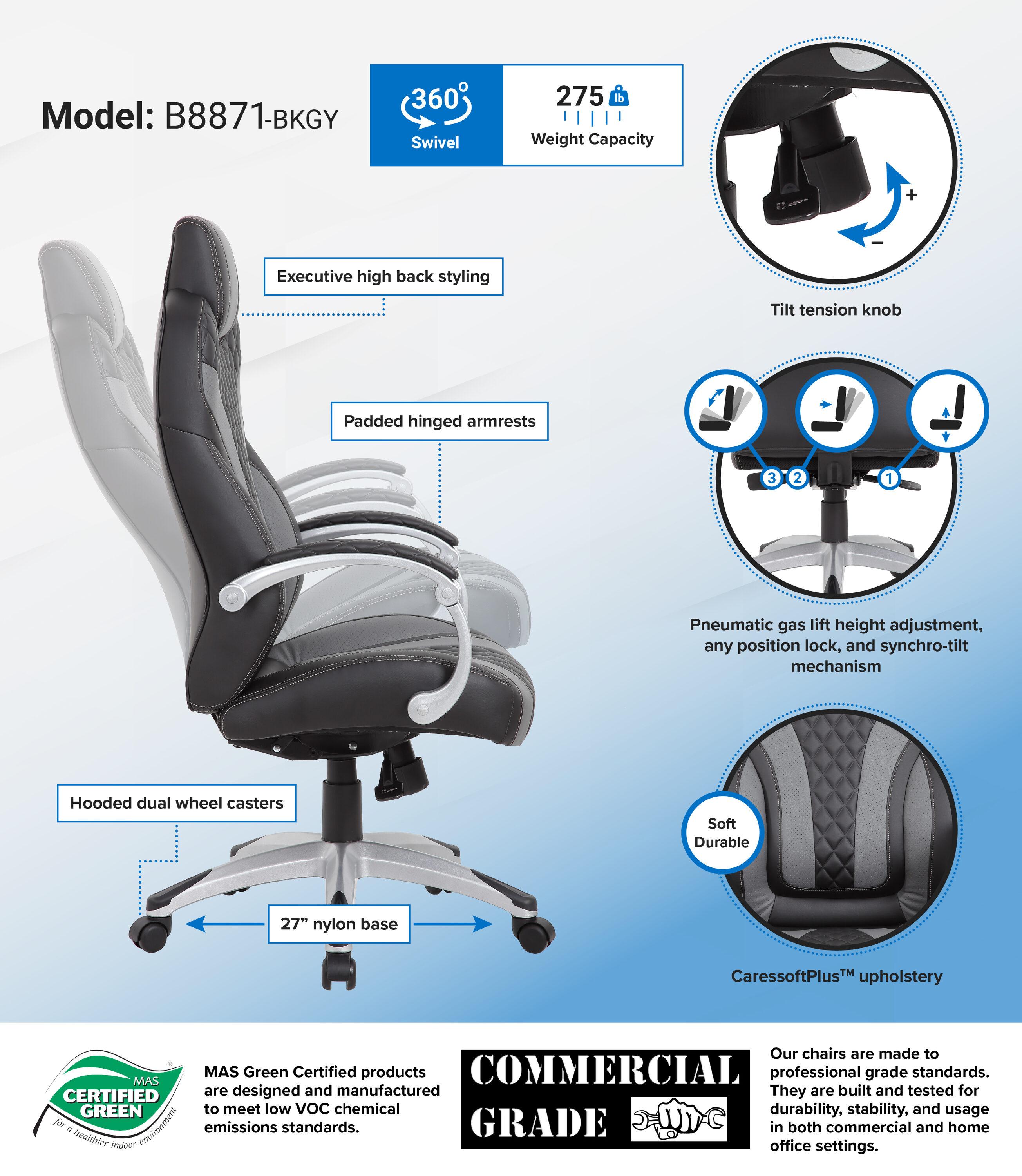 Boss Office Products Executive Hinged Armchair Black/Gray: Ergonomic, Swivel, Lumbar Support, Metal Frame