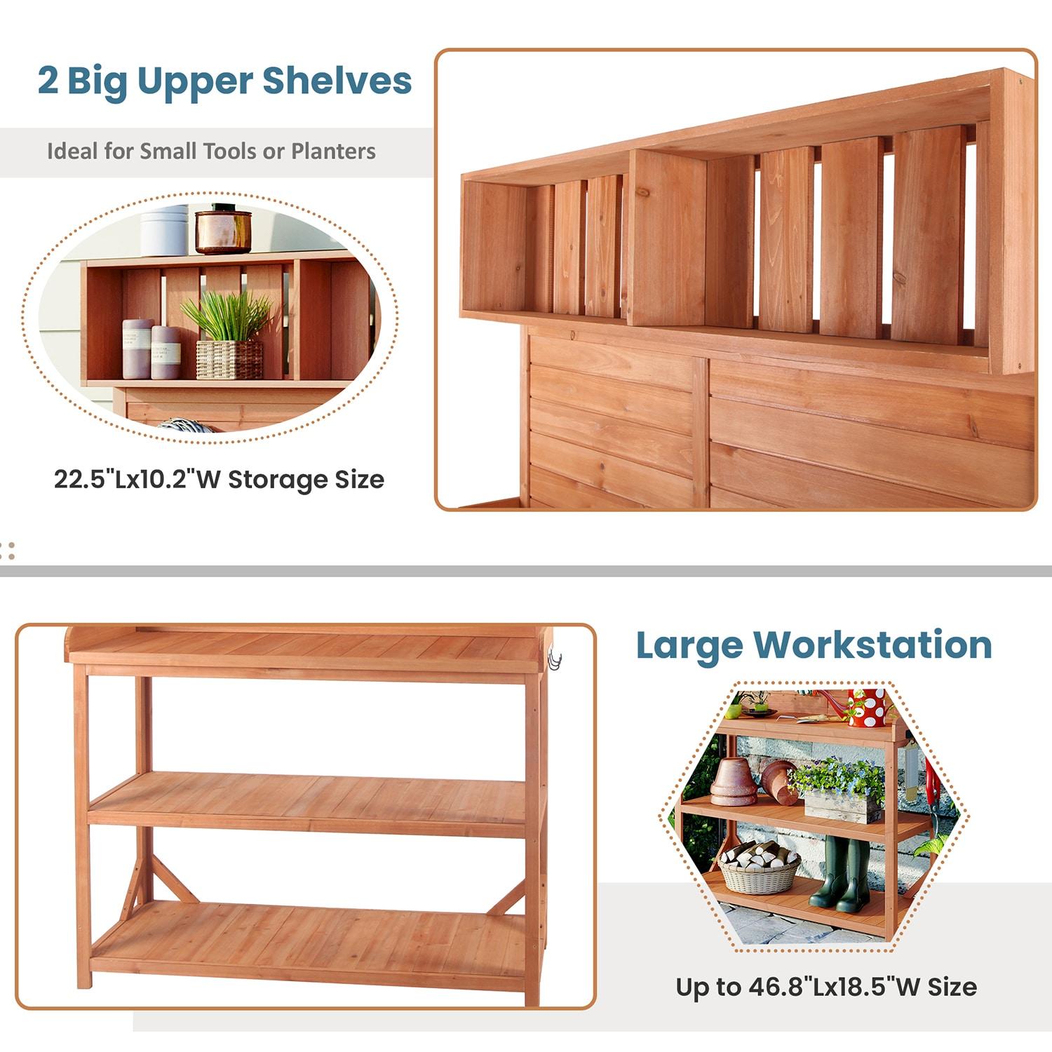 Wooden Potting Bench, 65" Large Wooden Farmhouse Rustic Outdoor Potting Bench Table, Patio Workstation, Garden Potting Bench with 4 Storage Shelves, Splash Plate & 3 Side Hooks, Natural