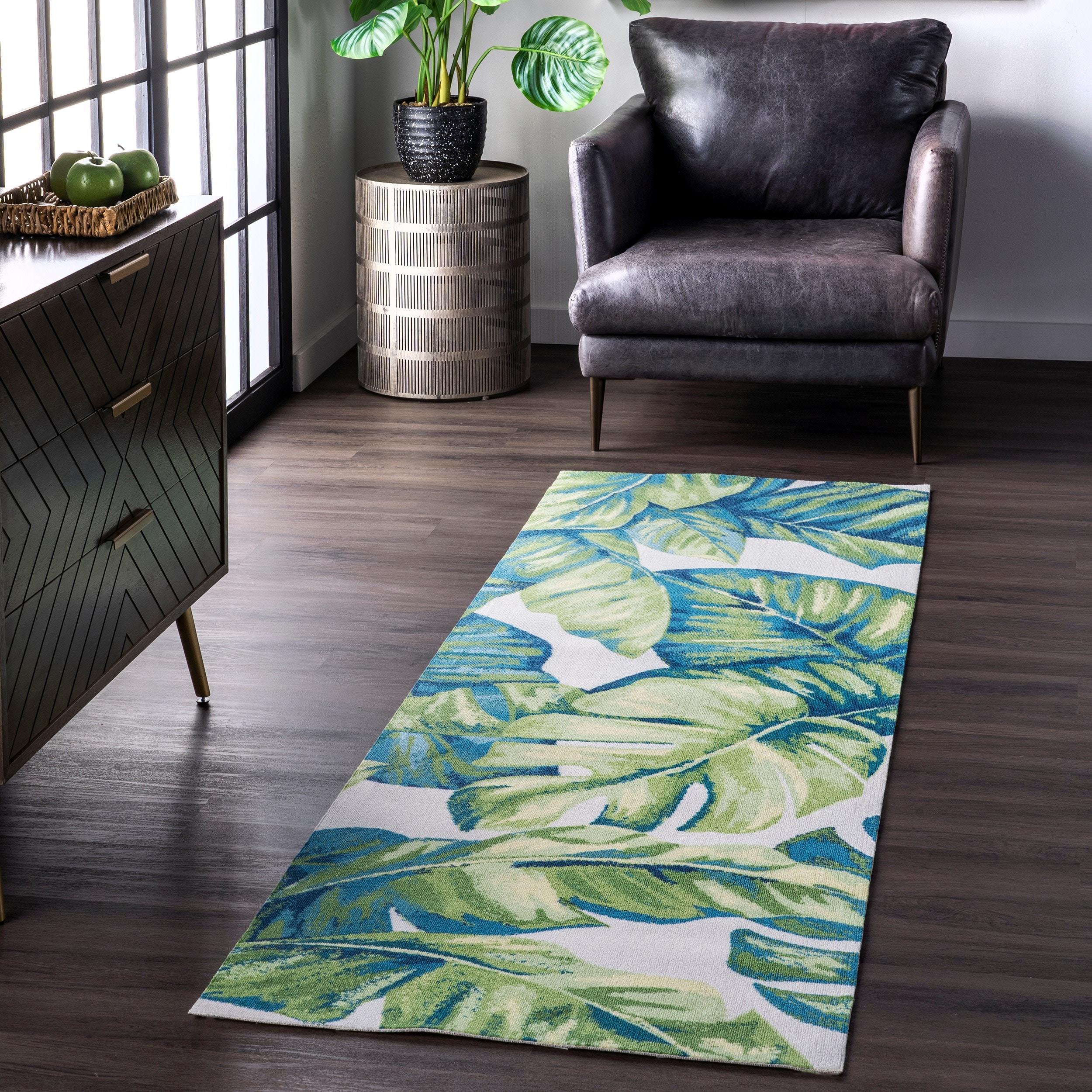 Tropical Leaf Design Reversible Indoor/Outdoor Blue Runner Rug, 2'6" x 10'