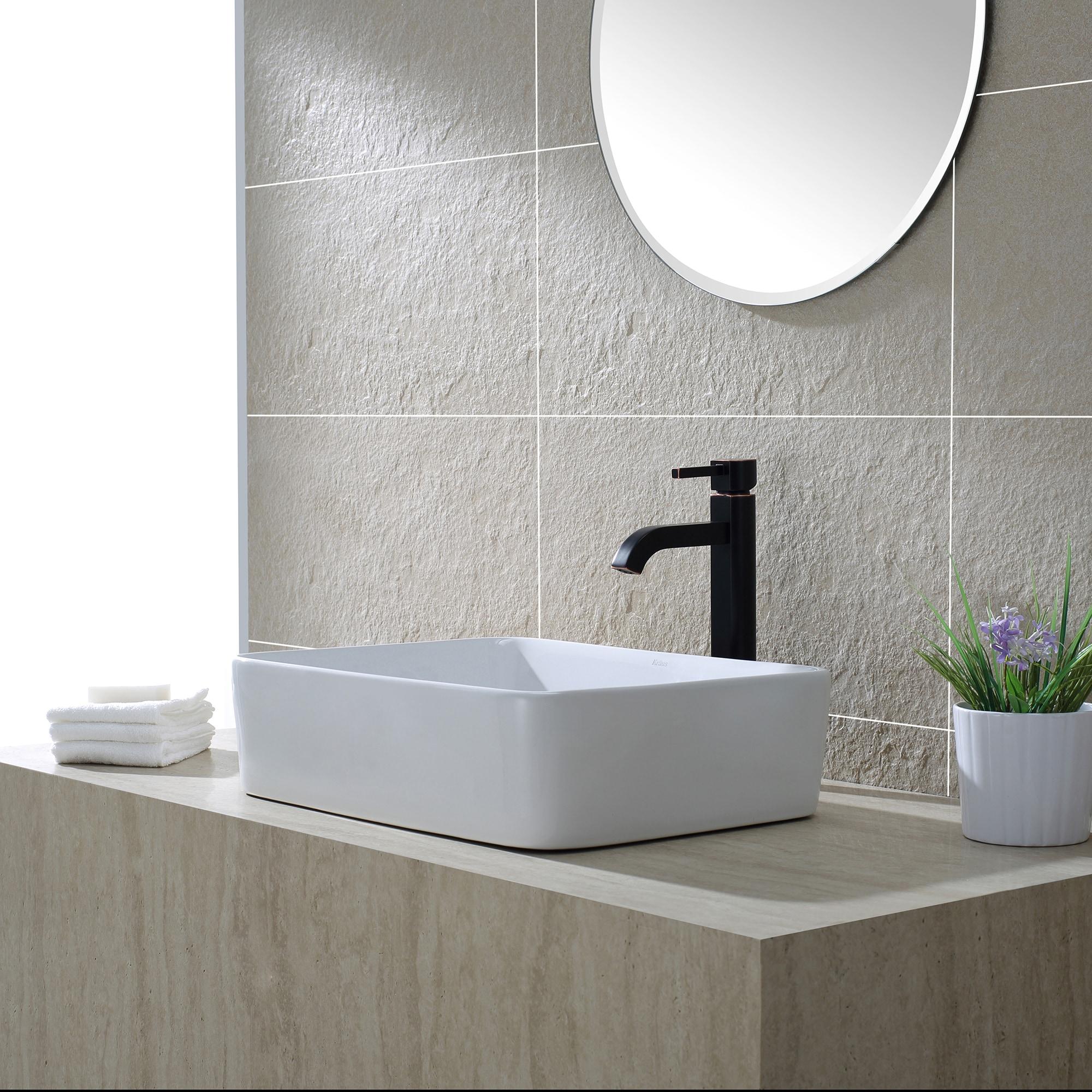 KRAUS Rectangular Ceramic Vessel Bathroom Sink in White with Pop-Up Drain in Oil Rubbed Bronze