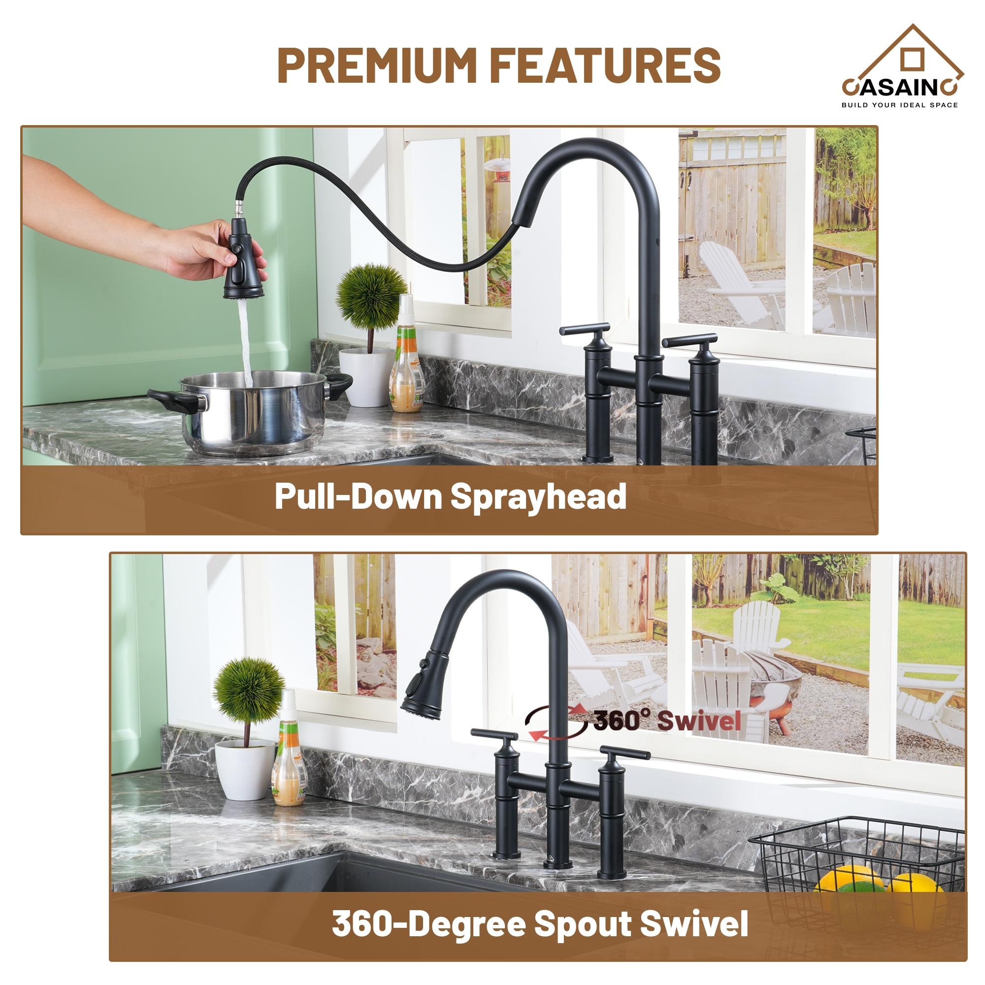 CASAINC Sleek 2-Handle Bridge Kitchen Faucet with Three Function Pull-Down Sprayhead 1.8 GPM KCLT0001-MB