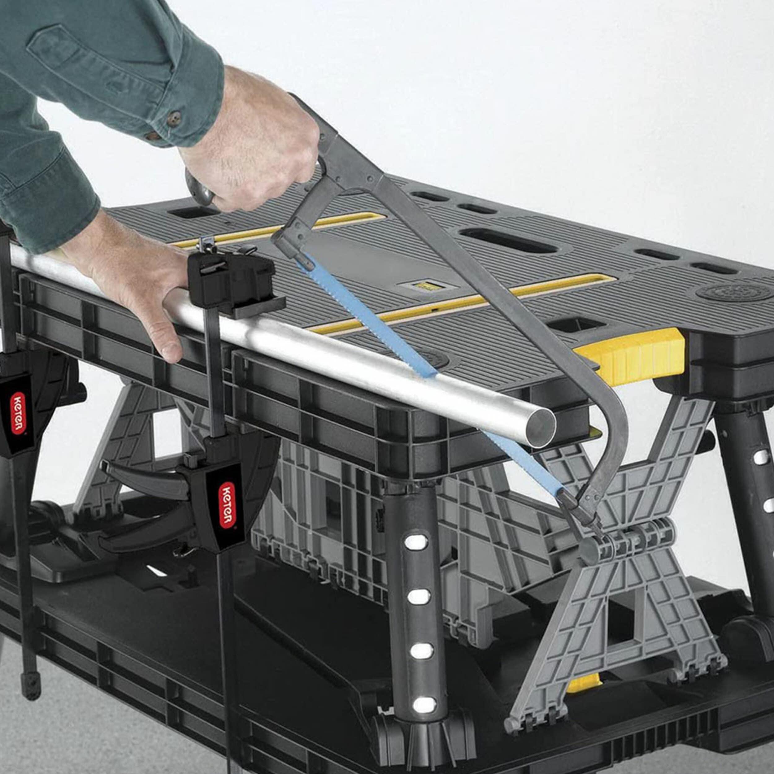 Keter Folding Portable Workbench Sawhorse with (2) 12" Clamps, Black and Yellow