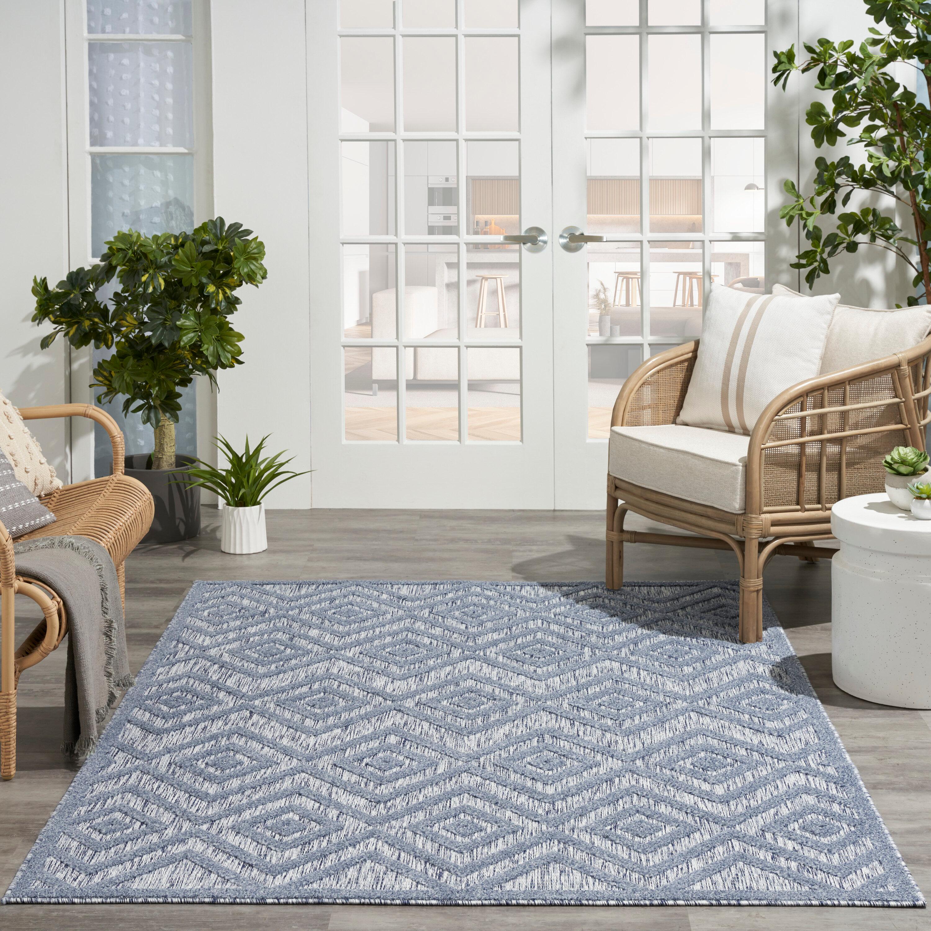 Nourison Versatile Diamond Geometric Flatweave Indoor Outdoor Area Rug Denim Blue 6' x 9'