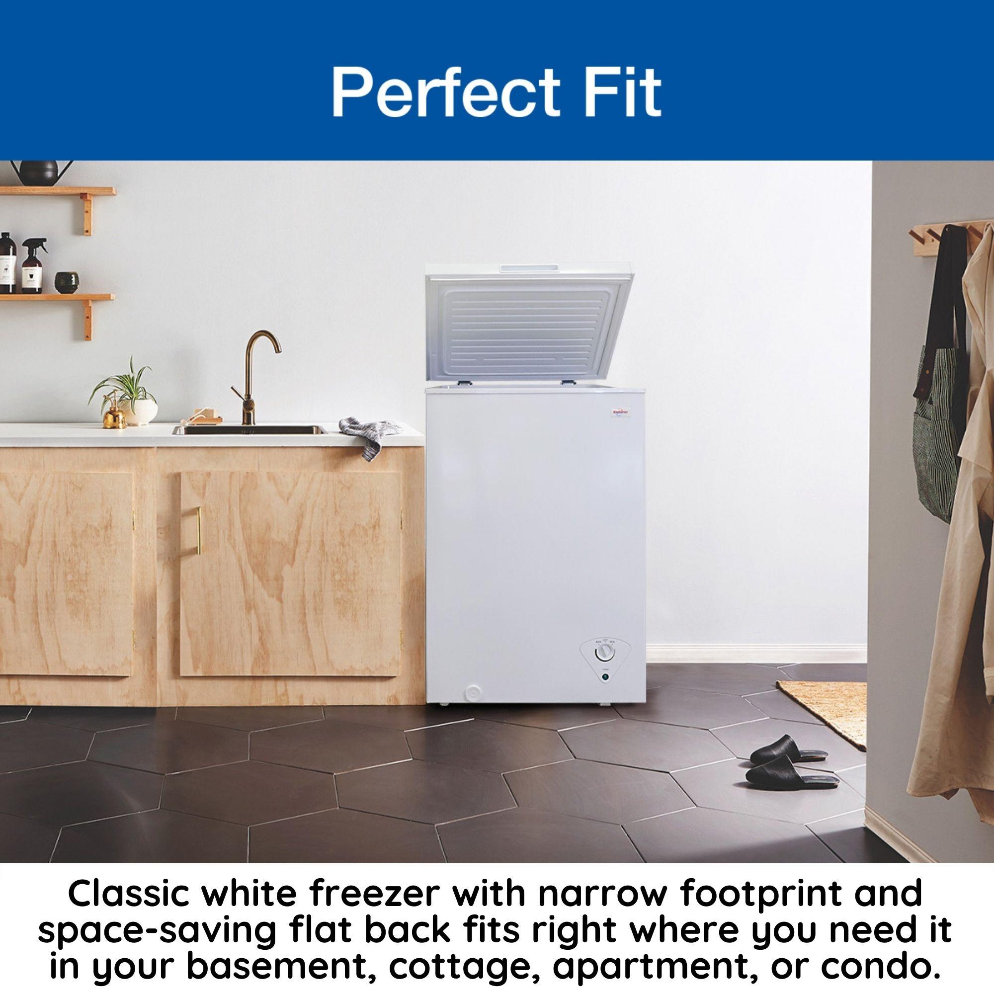Koolatron 3.5 cu ft Compact Chest Freezer 99L White Manual Defrost Deep Freeze Storage Basket Space-Saving Flat Back