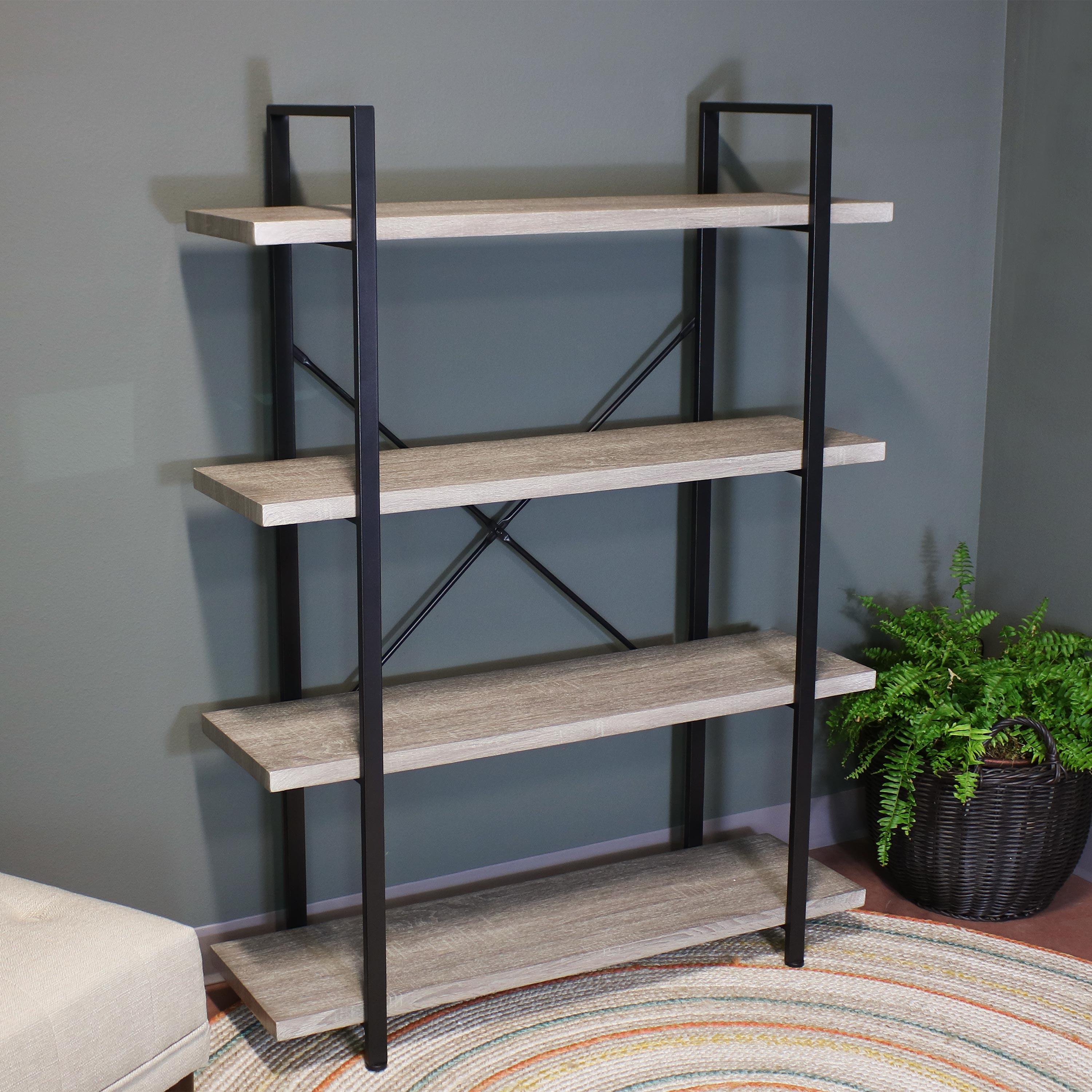 Sunnydaze 4 Shelf Industrial Style Freestanding Etagere Bookshelf with Wood Veneer Shelves - Oak Gray Veneer