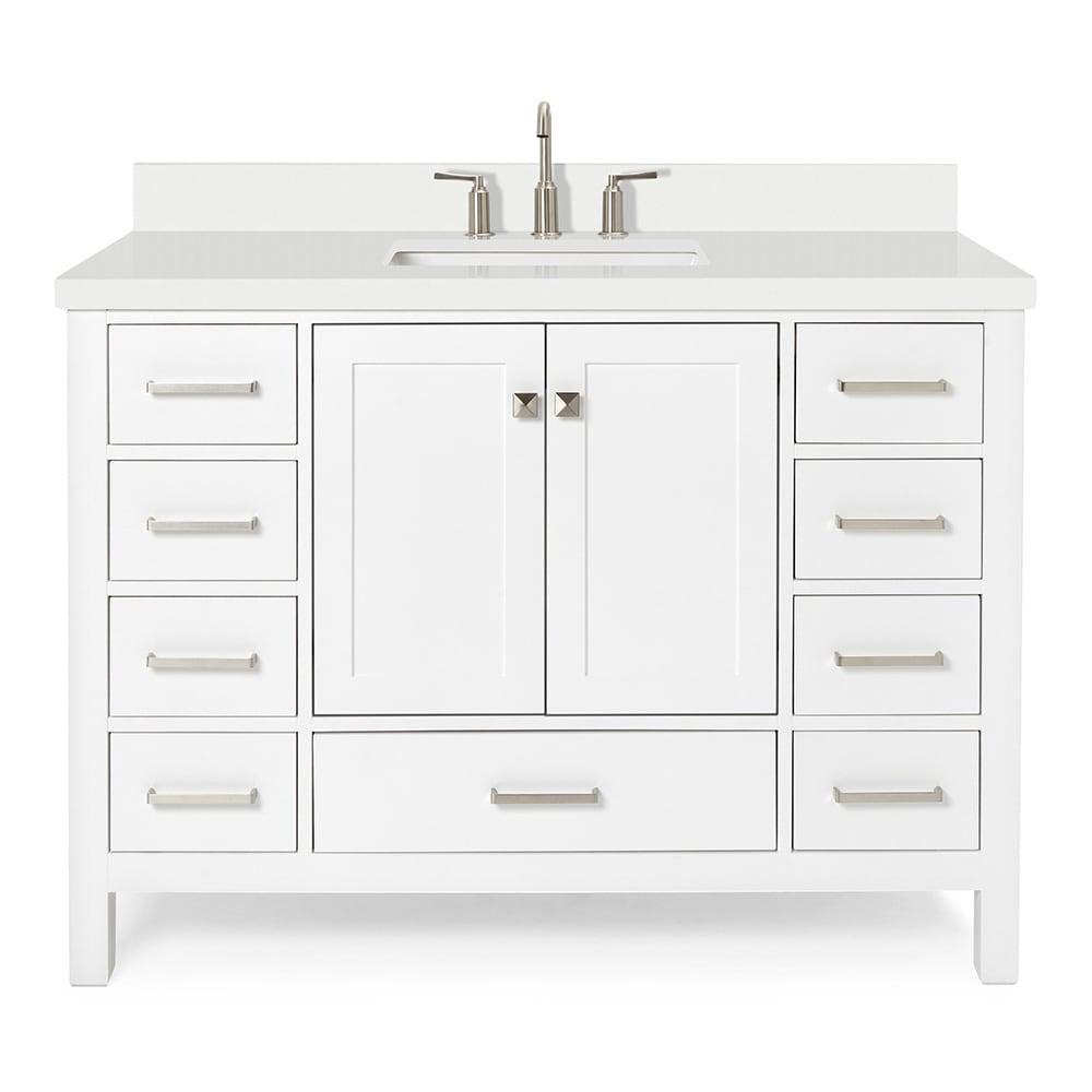 ARIEL 49" Bathroom Vanity with 1.5" Edge Pure White Quartz Countertop & Backsplash, Center Rectangular Sink, 2 Soft Closing Doors, 9 Full Extension Dovetail Drawers, Brushed Nickel - White