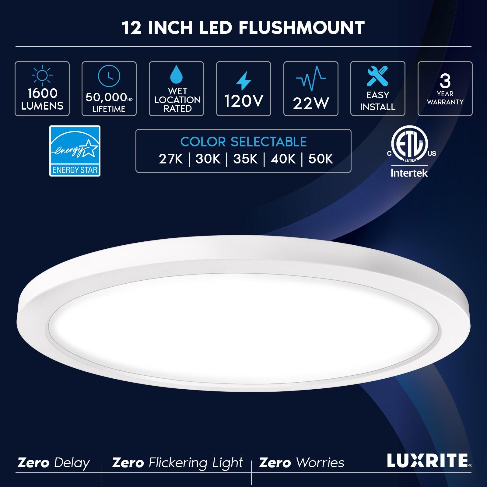 Luxrite 12 Inch Round LED Flush Mount, 22W, 5CCT, 1600 Lumens, IP54 Wet Rated, Dimmable, ETL Listed