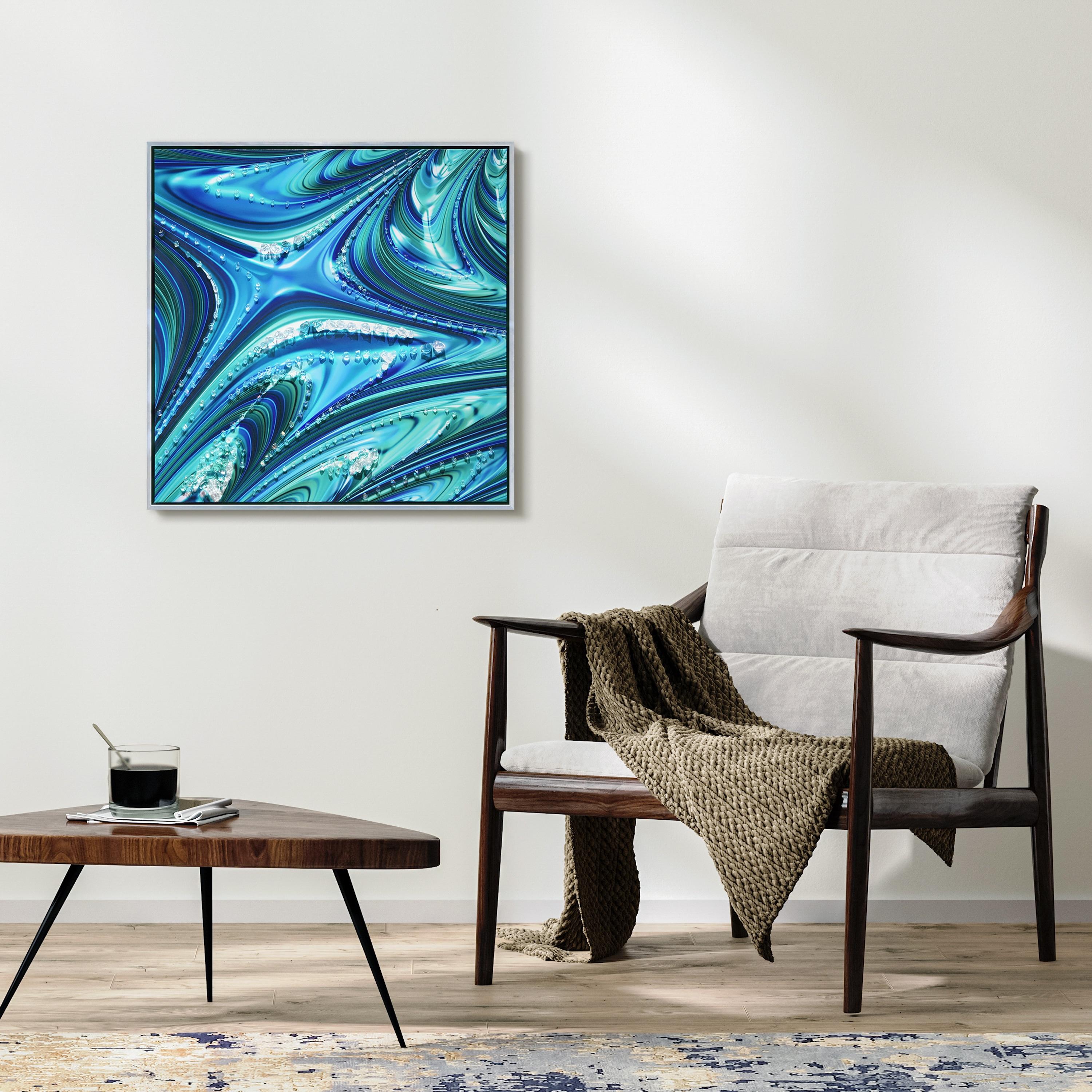 "Ocean Waves II" Crystallus Epoxy Coated Wrapped Framed Glossy Blue Canvas Wall Art with Heavy Acrylic Crystal Shards Embellishments