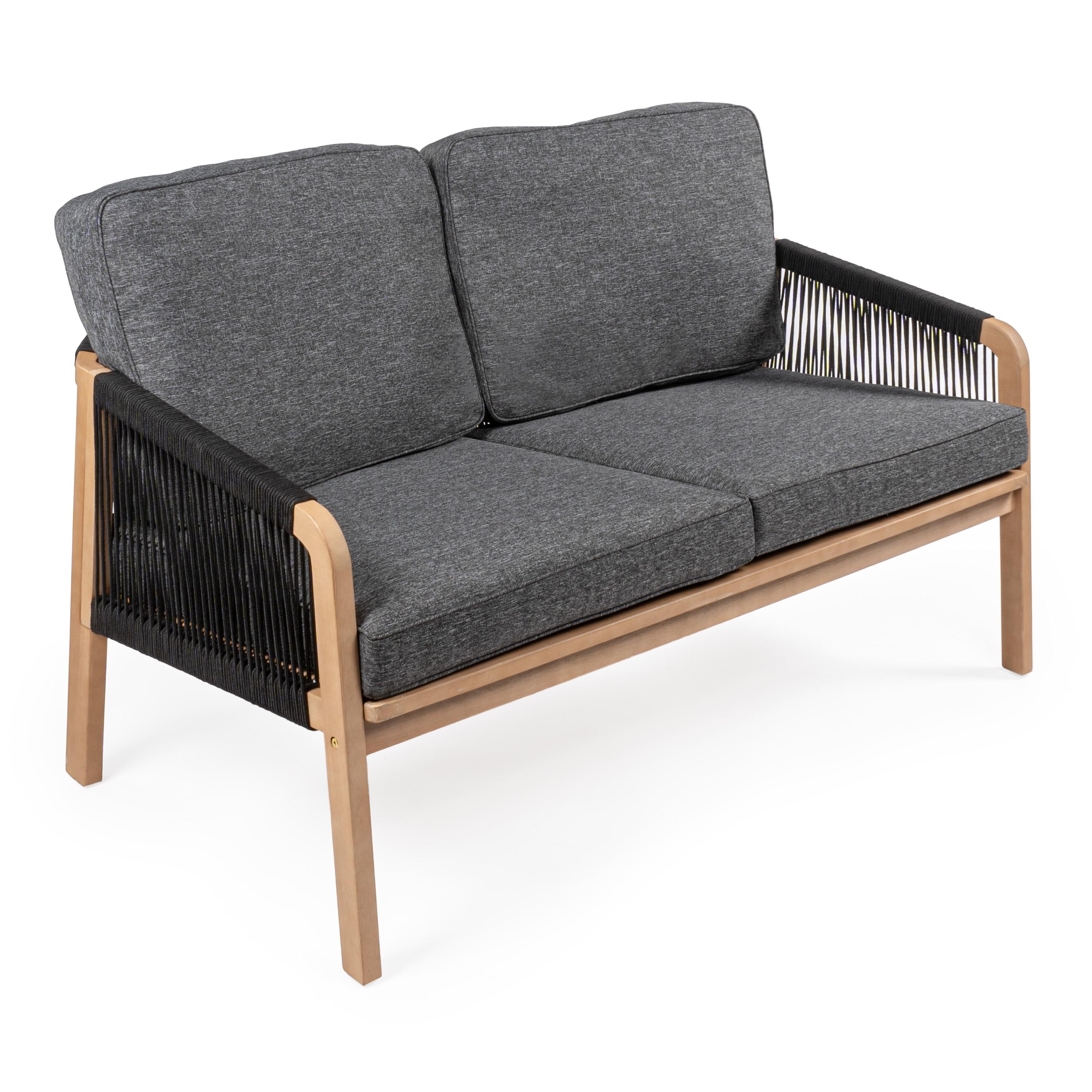 Arwen Modern Bohemian Roped Acacia Wood Outdoor Loveseat with Cushions, Black/Light Teak - JONATHAN Y