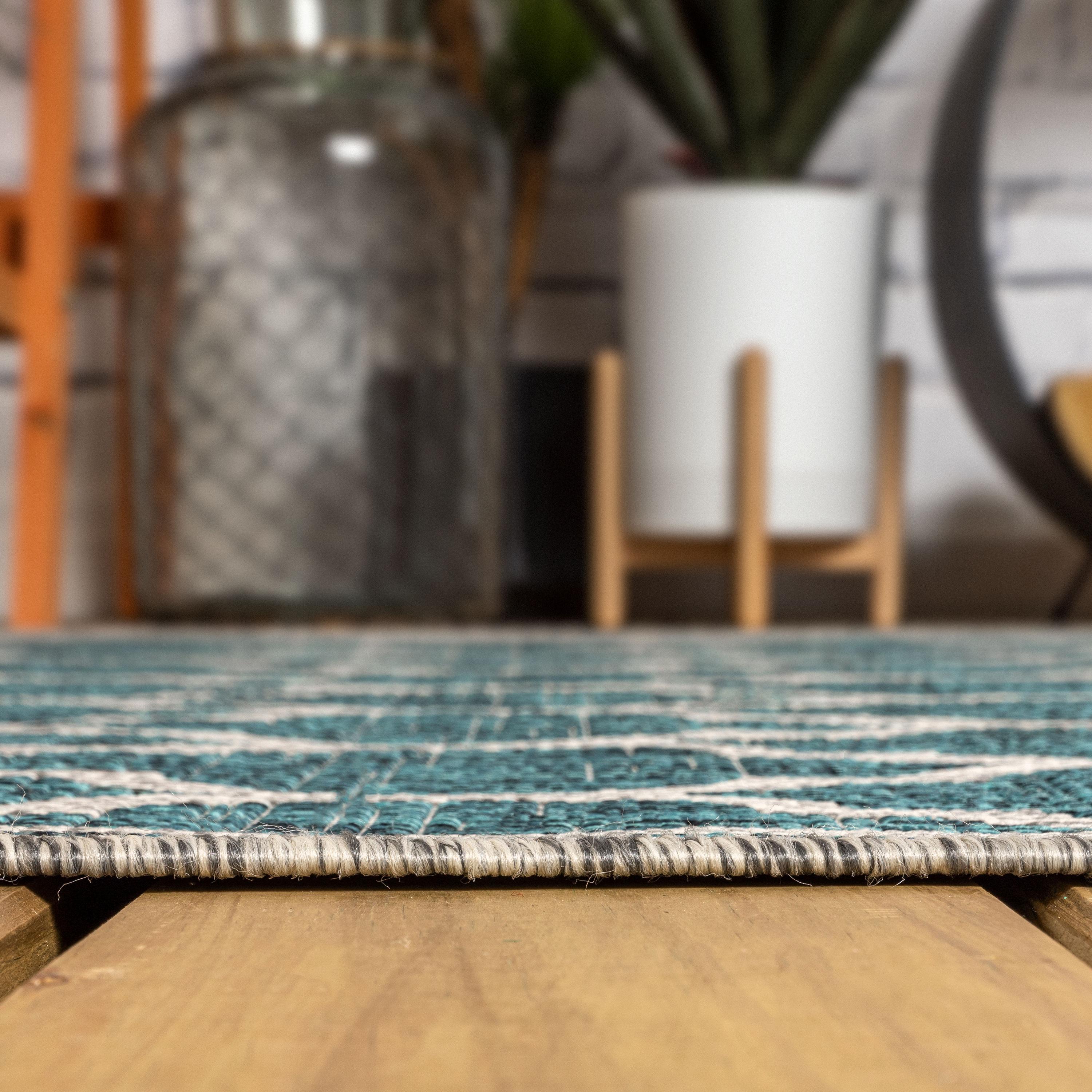 5' Square Trebol Moroccan Trellis Textured Weave Indoor/Outdoor Area Rug, Teal/Gray - JONATHAN Y