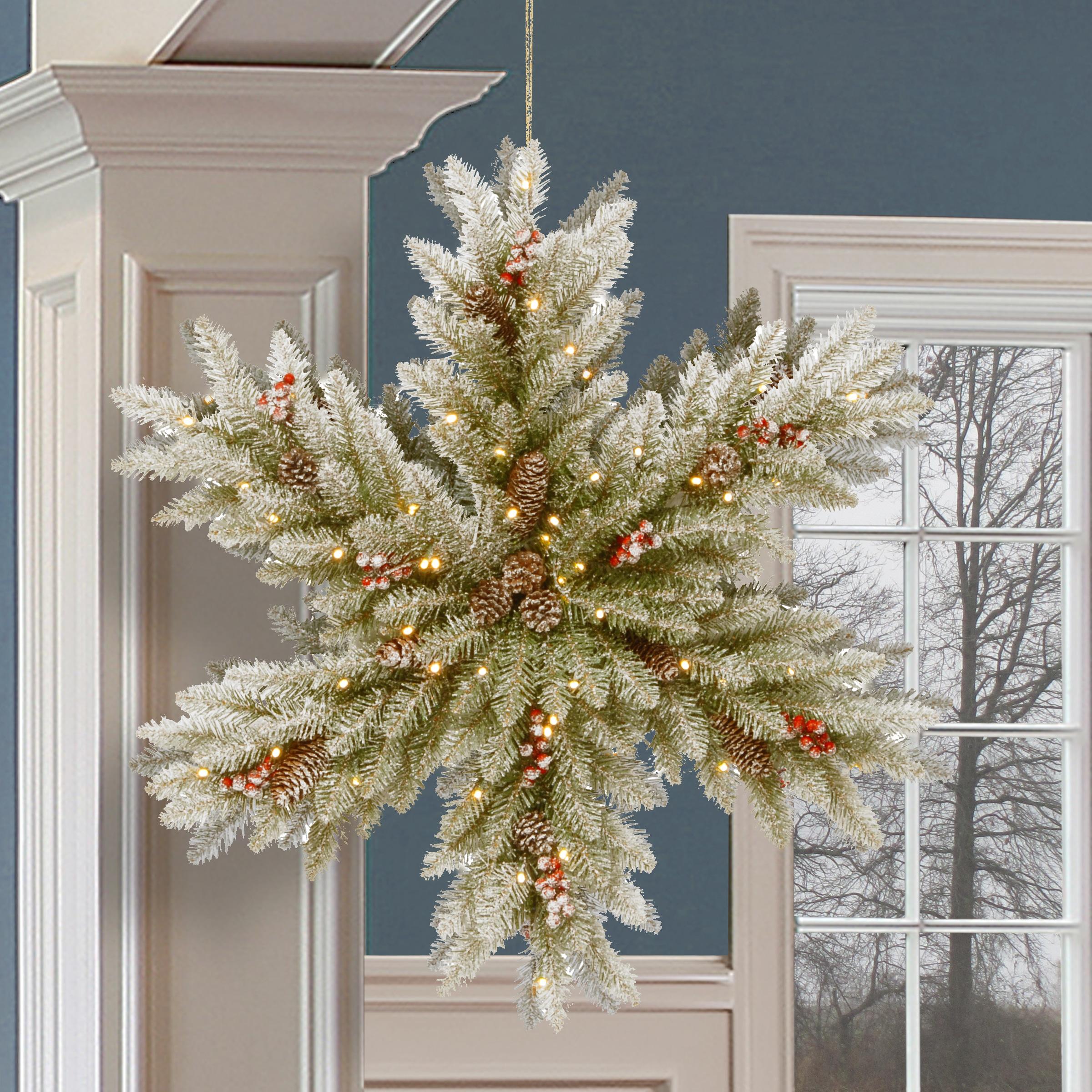 National Tree Company Pre-Lit Artificial Christmas Hanging Snowflake, Green, Dunhill Fir, with Pine Cones, Berry Clusters, Frosted Branches,32 Inches