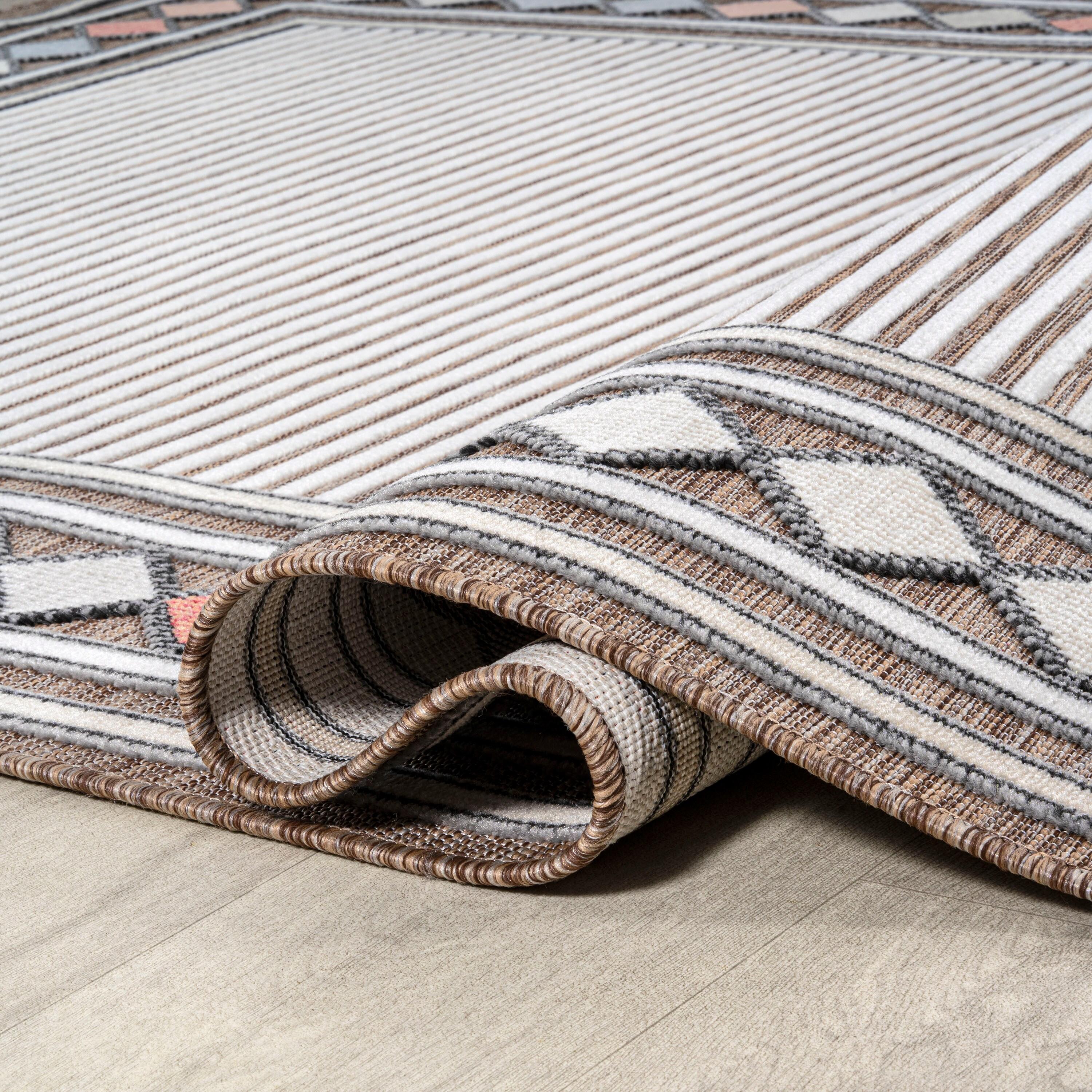 JONATHAN Y Sebastian High-Low Modern Diamond Border Brown/Ivory 3 ft. x 5 ft. Indoor/Outdoor Area Rug