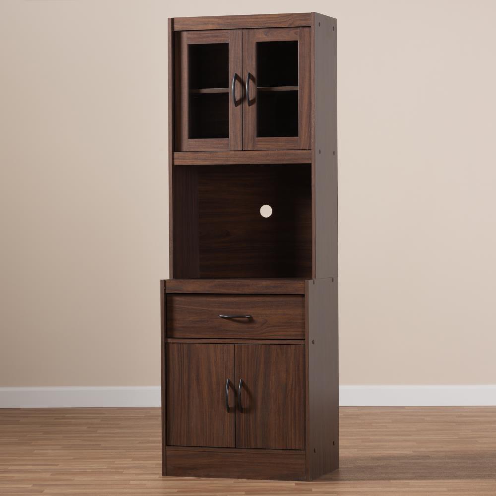 Baxton Studio Laurana Walnut Finished Kitchen Cabinet and Hutch Brown: Traditional Style, 4-Door Pantry Storage, 1 Drawer