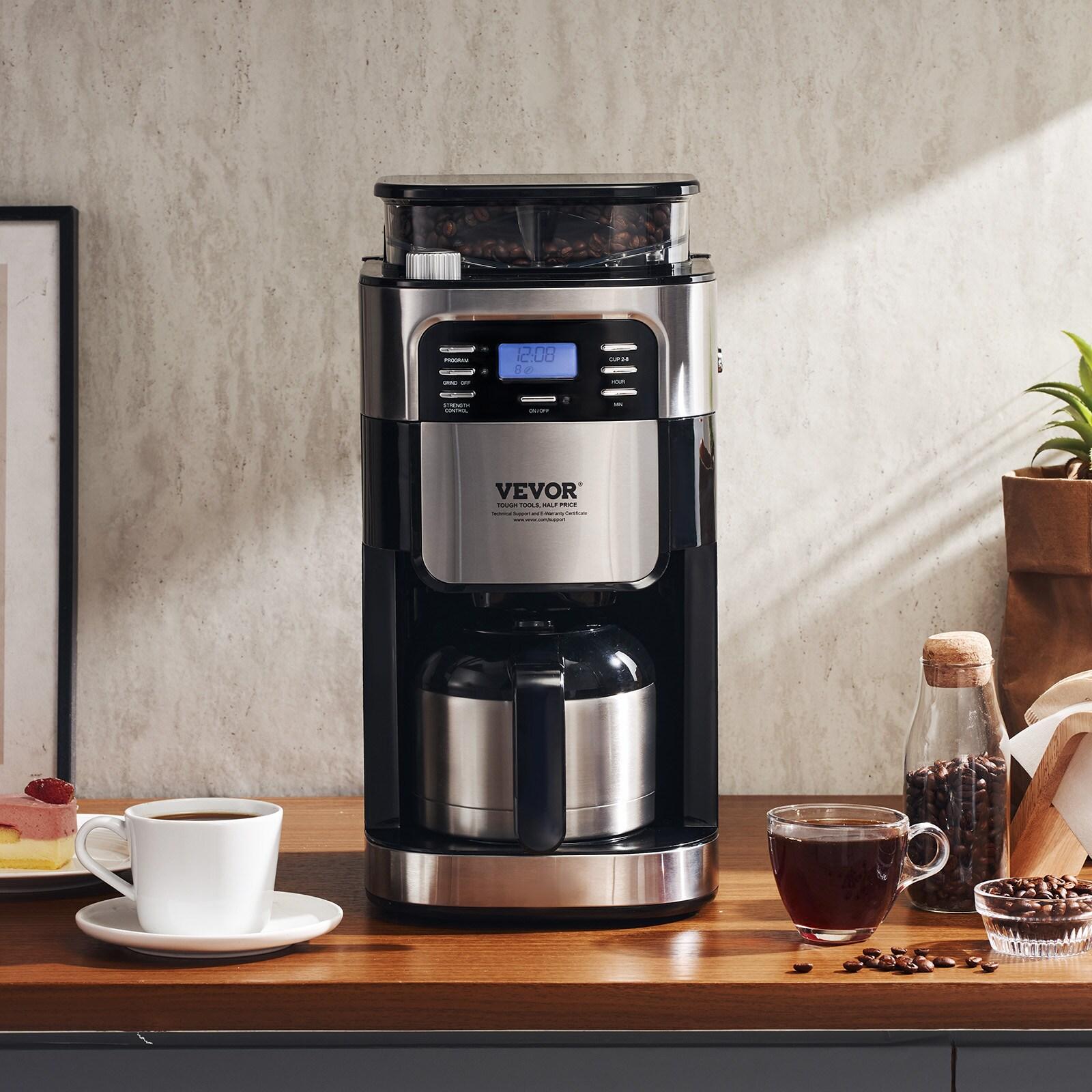 Grind and Brew Coffee Maker Machine, 8 Cup Capacity with 3 Brew Strength Options, Built in Timer for Auto Morning Brew, Ideal for Office Home Cafe, Black