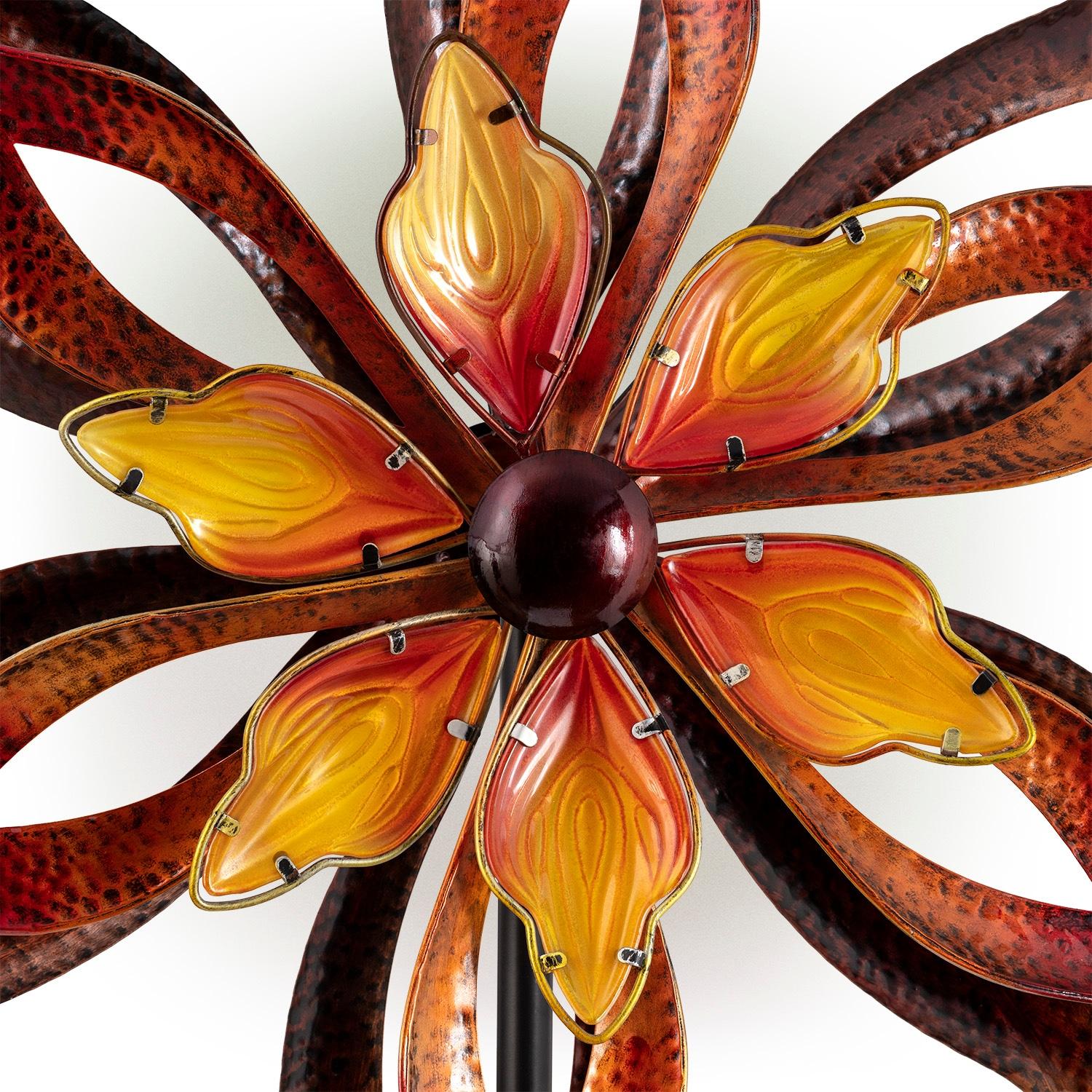 96" Glass/Iron Outdoor Flower Dual Kinetic Spinner Stake Red/Yellow - Alpine Corporation: Yard Art Decor