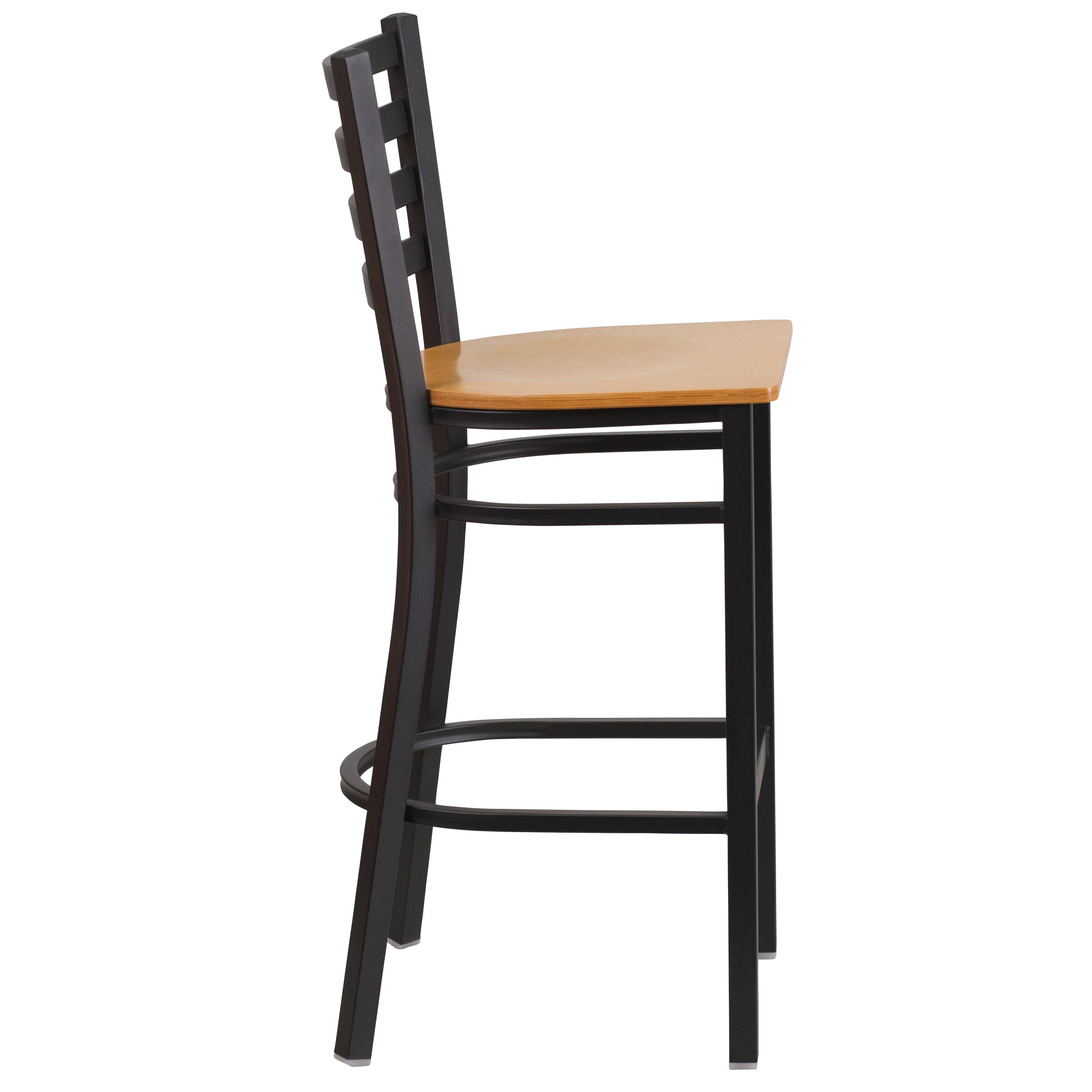 Flash Furniture HERCULES Series Black Ladder Back Metal Restaurant Barstool - Natural Wood Seat