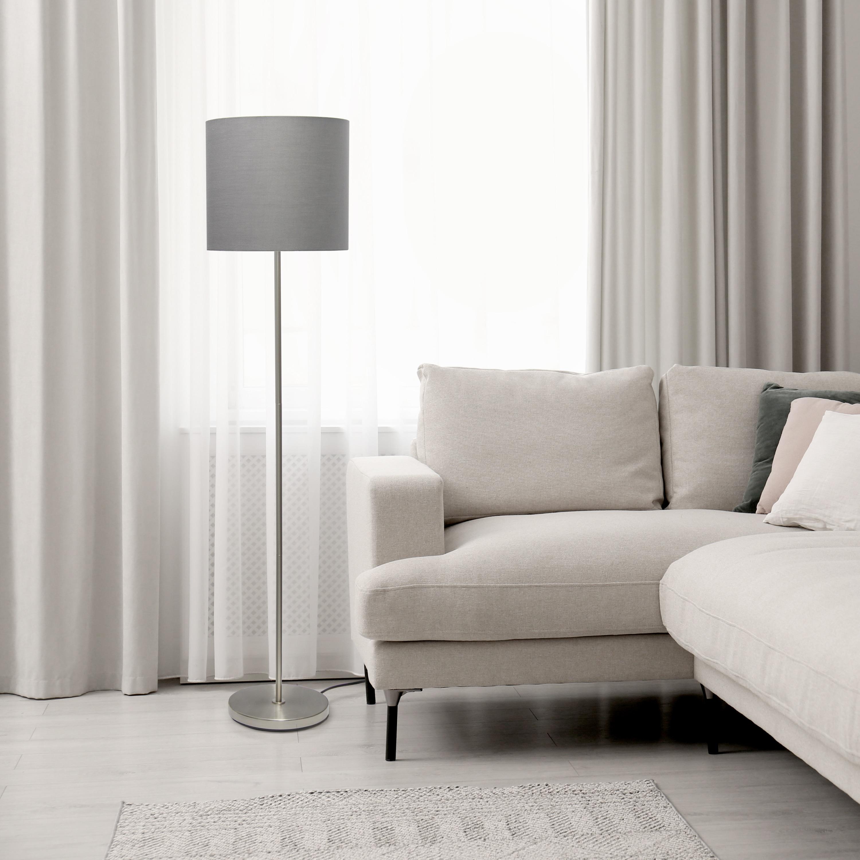 Simple Designs Drum Shade Floor Lamp Gray : Brushed Nickel Finish, Cotton Shade, ETL Listed, Modern Decor