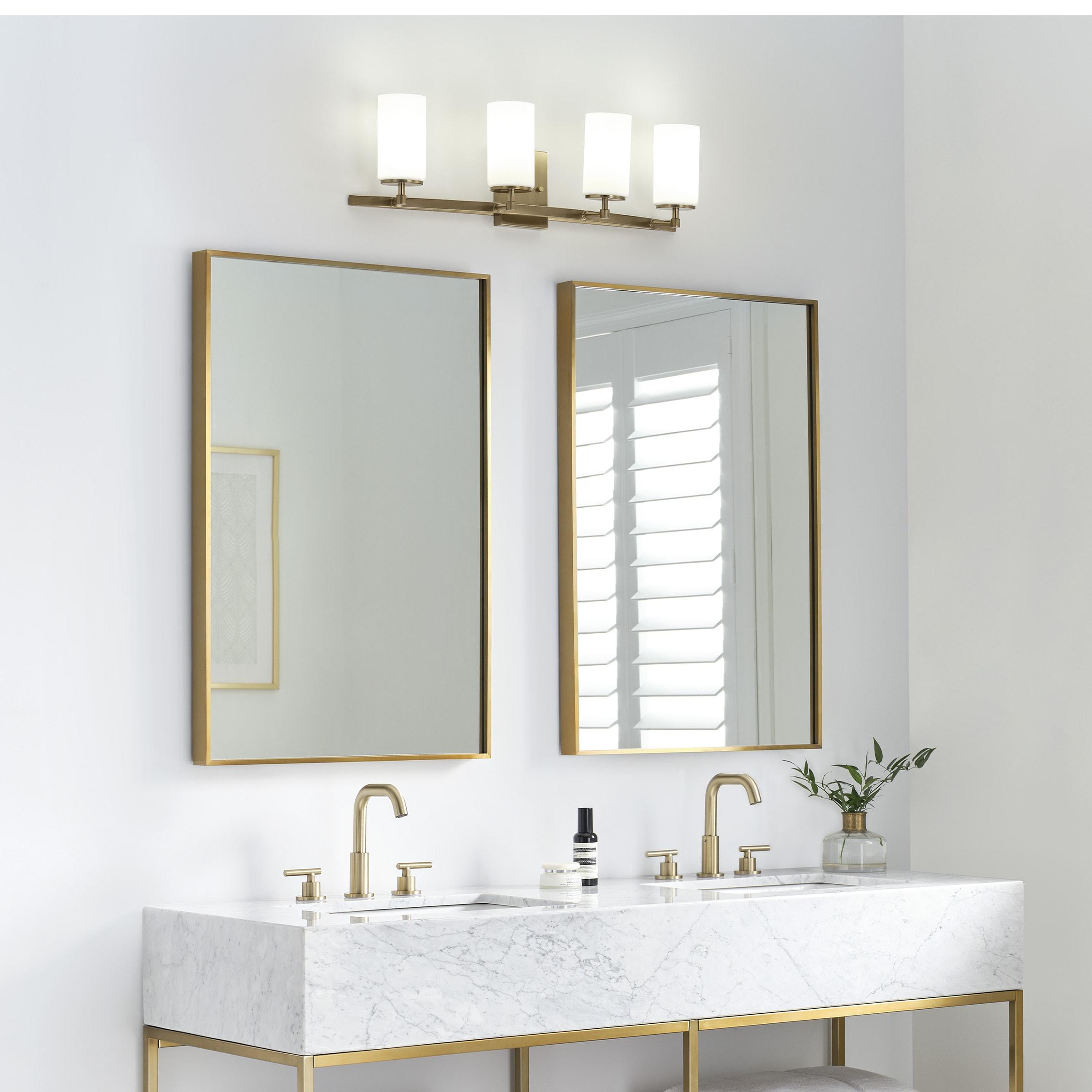 Alturas 30.5 in. 4-Light Satin Brass Modern Contemporary Wall Bathroom Vanity Light with Satin Etched Glass Shades