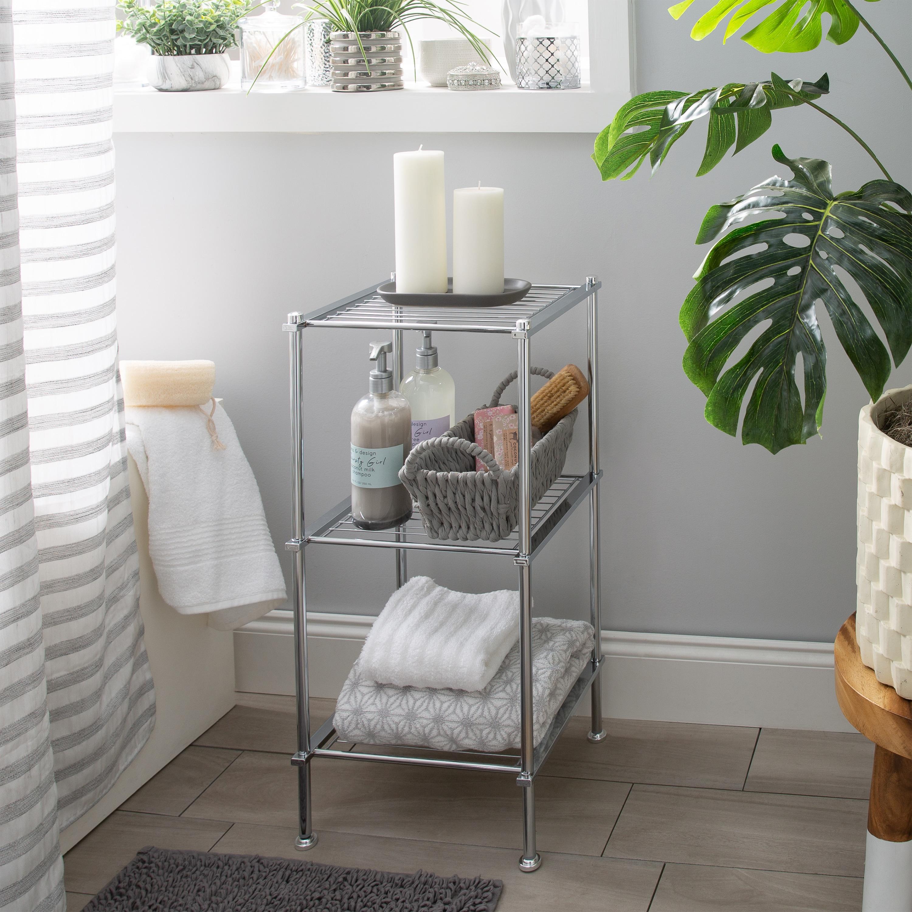3 Tier Metro Collection Shelf Gray - Organize It All: Chrome Steel Bathroom Towel Storage Cabinet with 3 Shelves