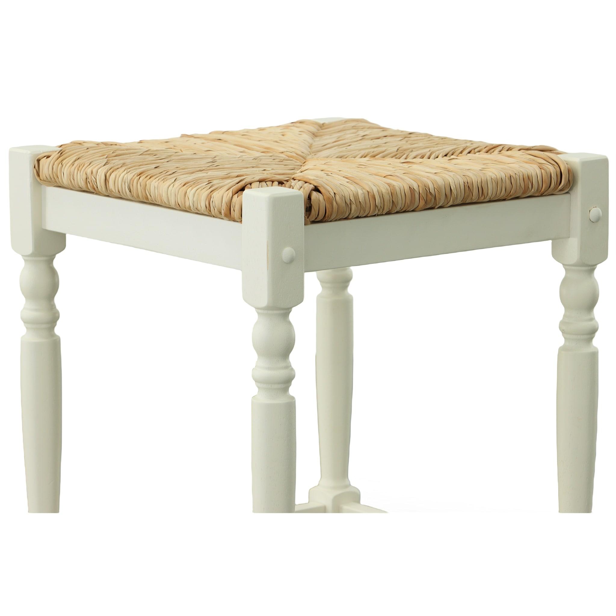 Carolina Cottage Hawthorne 24" Counter Stool with Woven Rush Seat - Vintage Hardwood Legs, Hand Finish Backless Stool (Antique White)