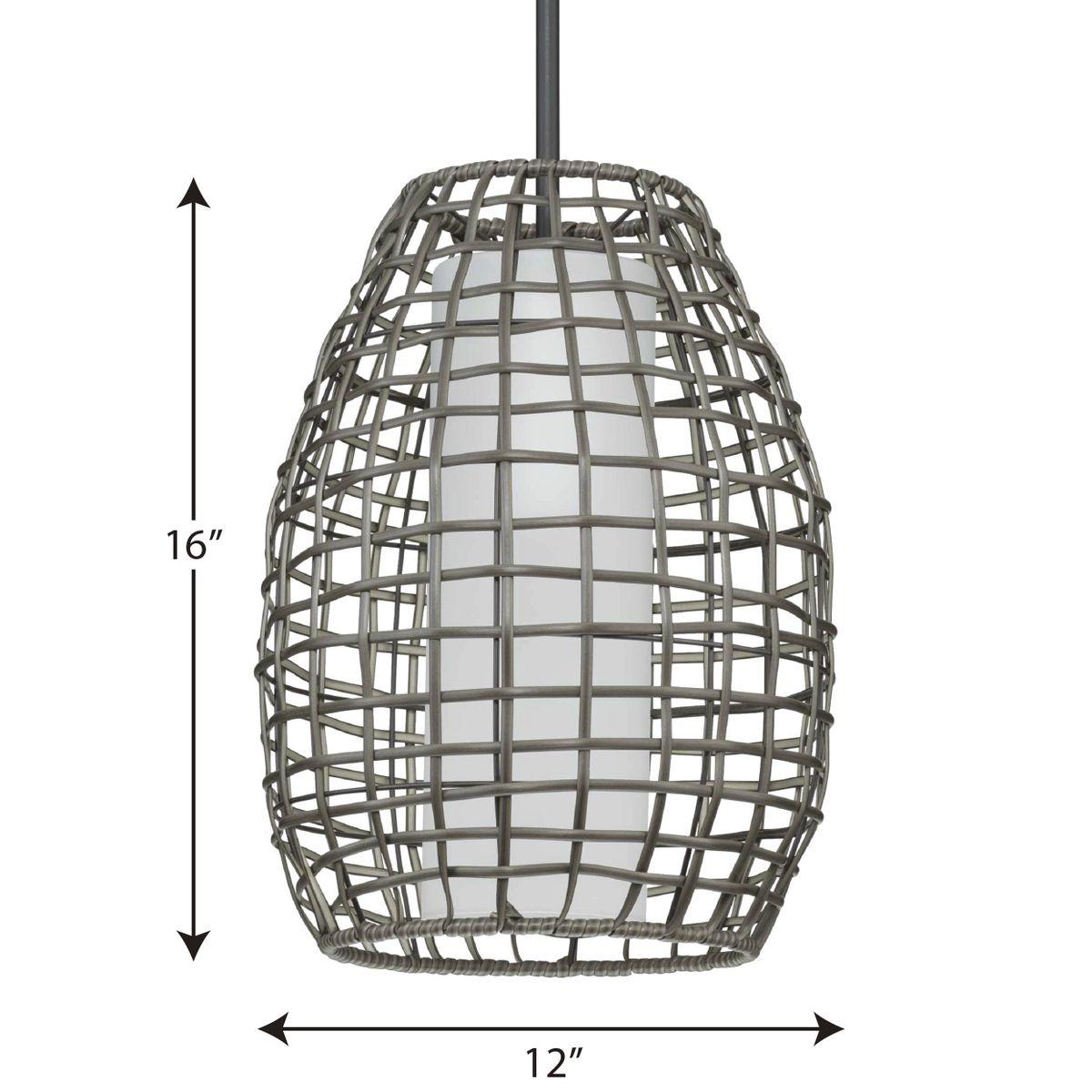 Progress Lighting Pawley 1-Light Dark Gray Rattan Coastal Outdoor Hanging Pendant Light, Matte Black, Etched Glass Shade