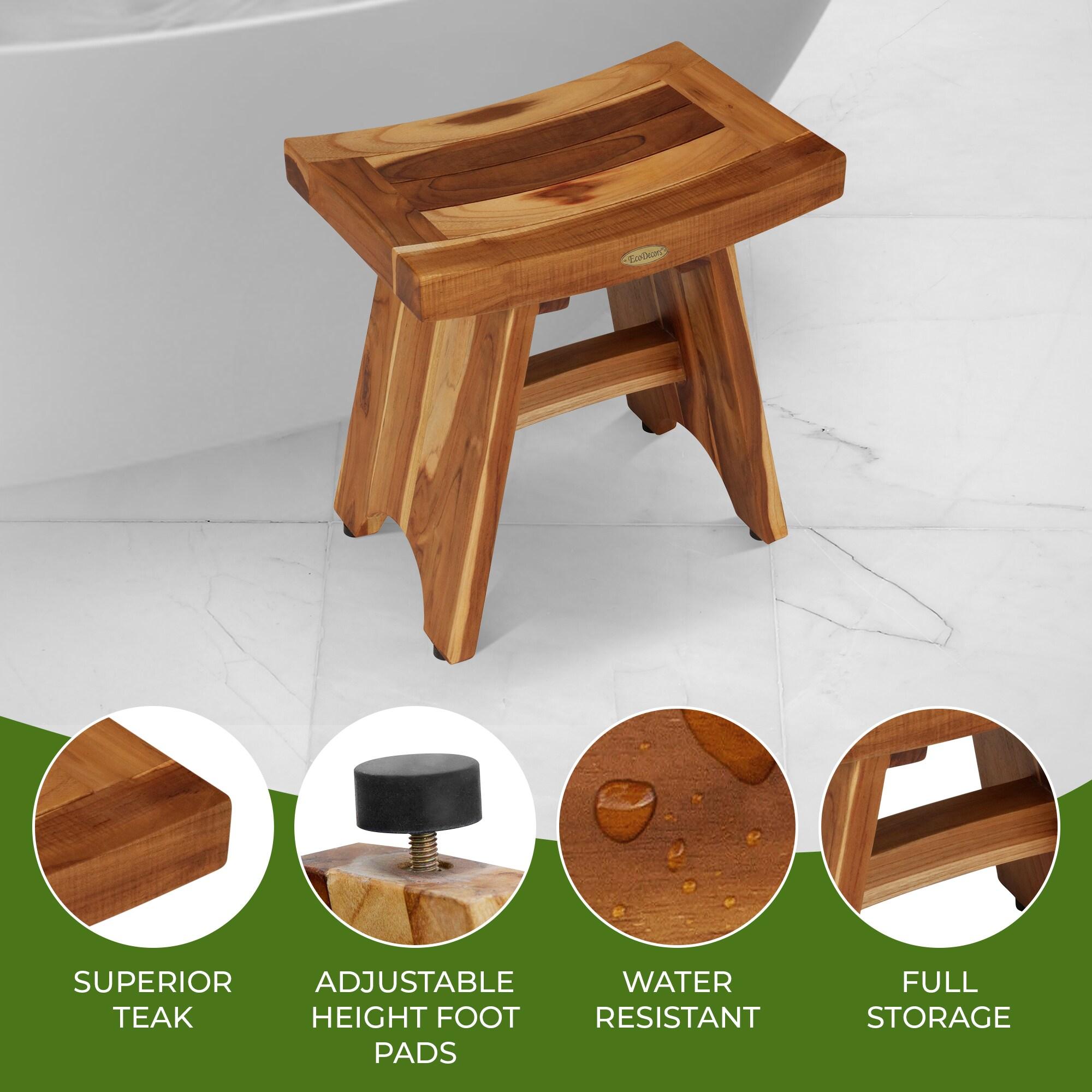 18" Serenity ED961 Wide Teak Shower Bench with Shelf - EcoDecors: Durable Bathroom Stool, Water Resistant, Easy to Clean