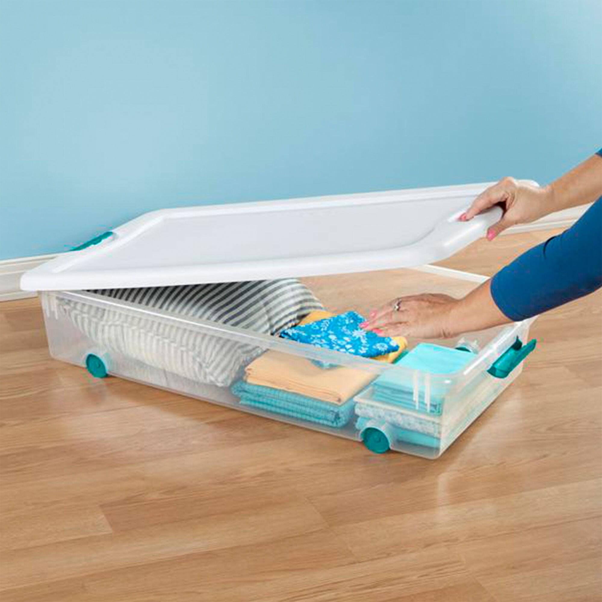 Sterilite 56 Qt Wheeled Latching Storage Box Stackable Bin with Latch Lid, Plastic Container to Organize Shoes Under Bed, Clear with White Lid, 8-Pack