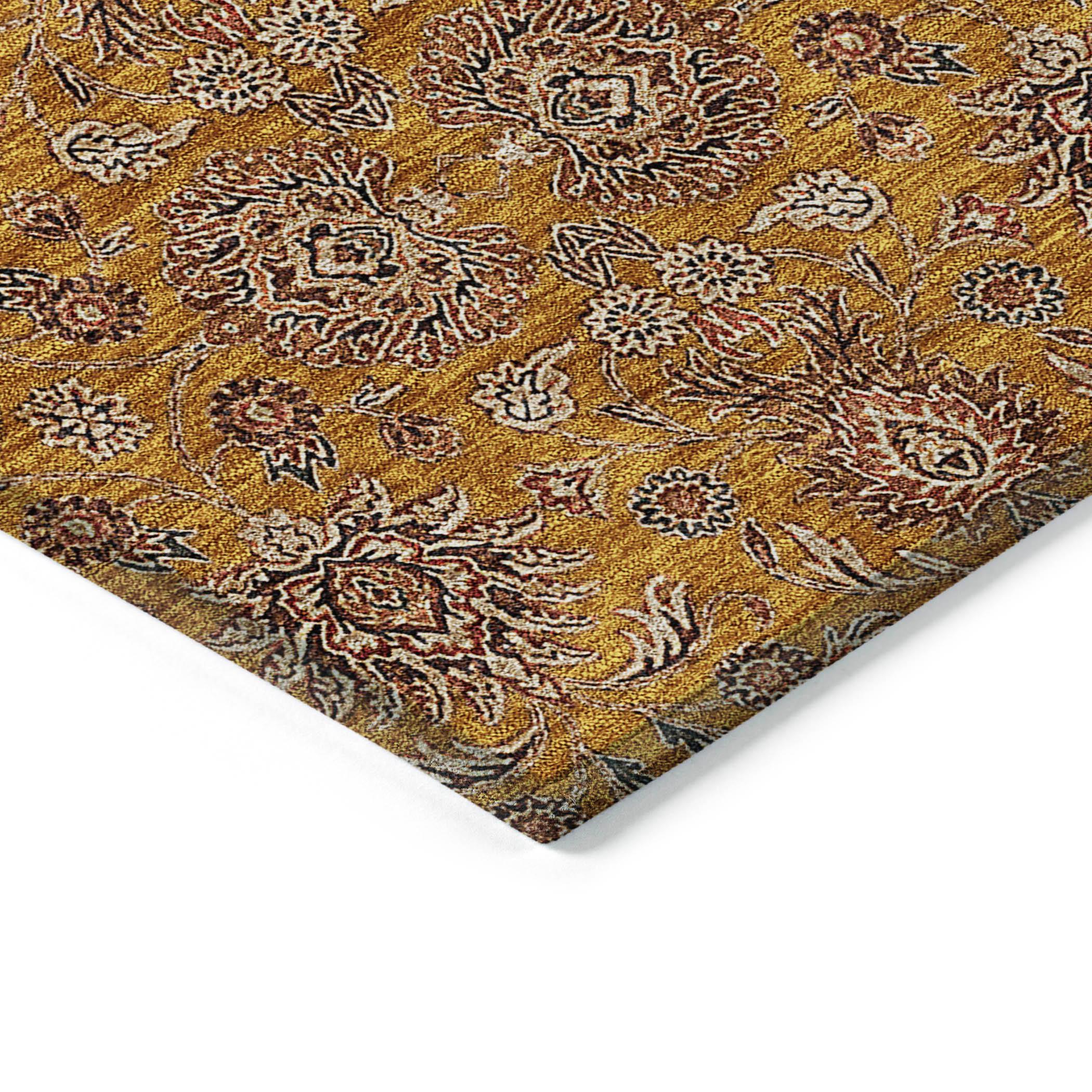 Copper Floral Pattern Machine Washable Indoor Outdoor Rug