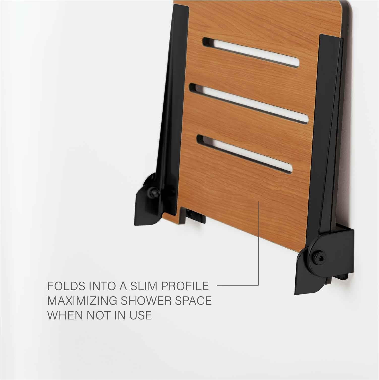 SlimLine Folding Wall Mount Shower Bench Seat, Teak Seat with Matte Black Frame