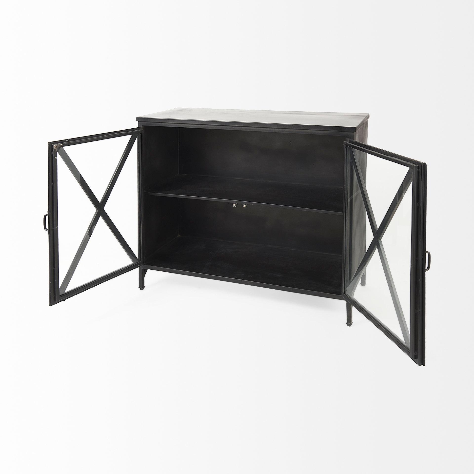 Poppy Black Iron Glass Paneled Distressed Sideboard with Storage
