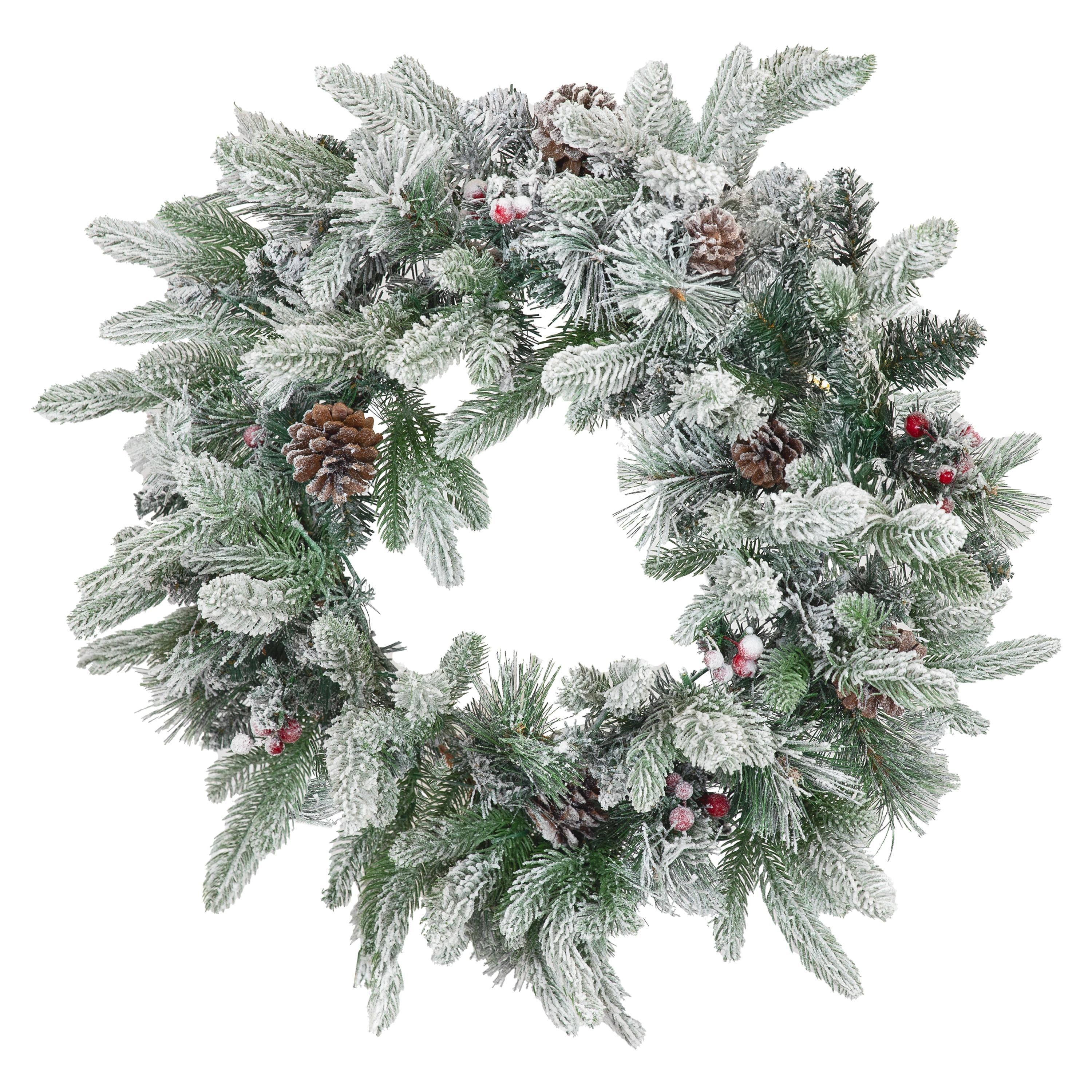 Sunnydaze 24" Diameter Indoor or Outdoor PVC Christmas Wreath with Pinecones and Berries - Flocked