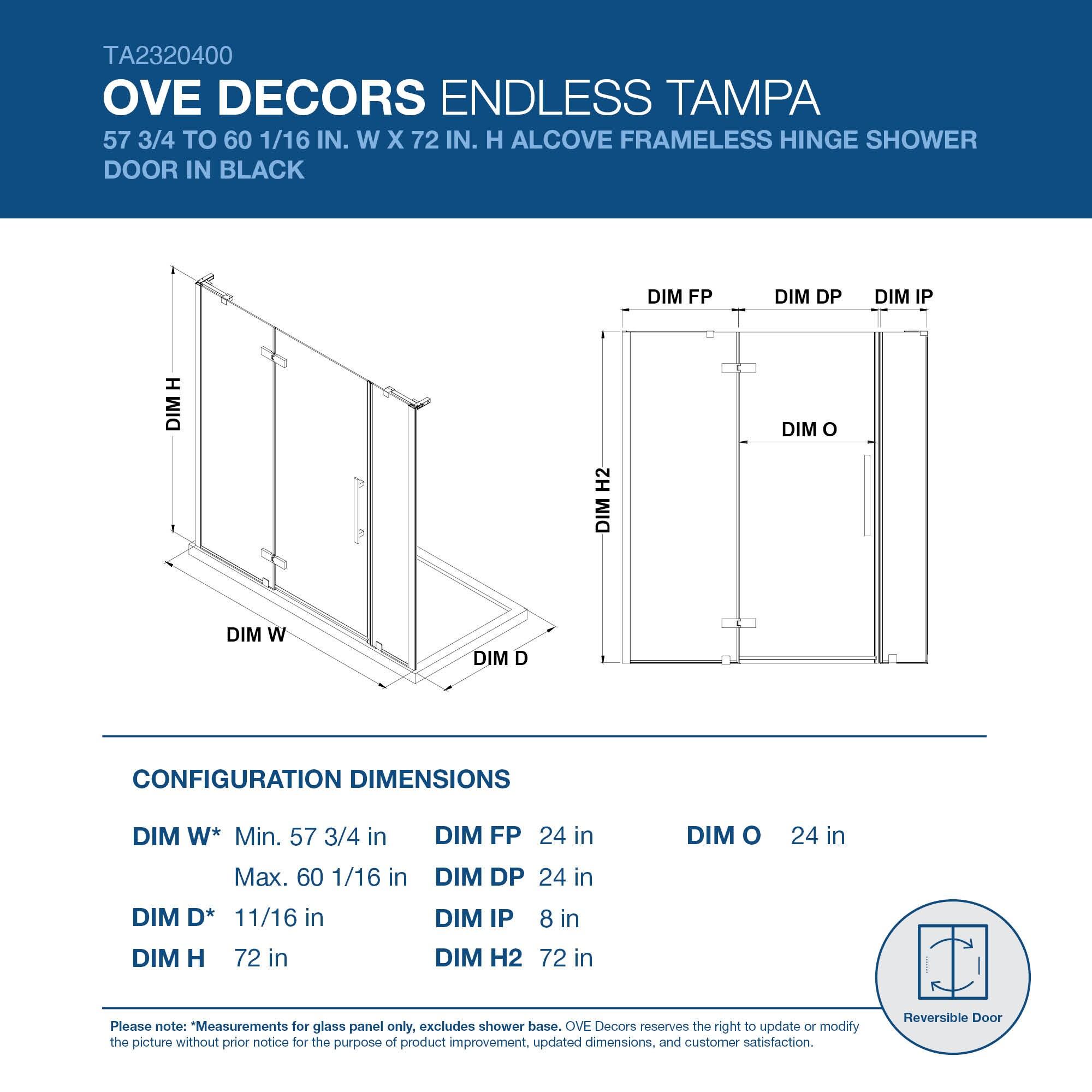 Endless Tampa-Pro 30" W x 72" H Alcove Frameless Shower Kit