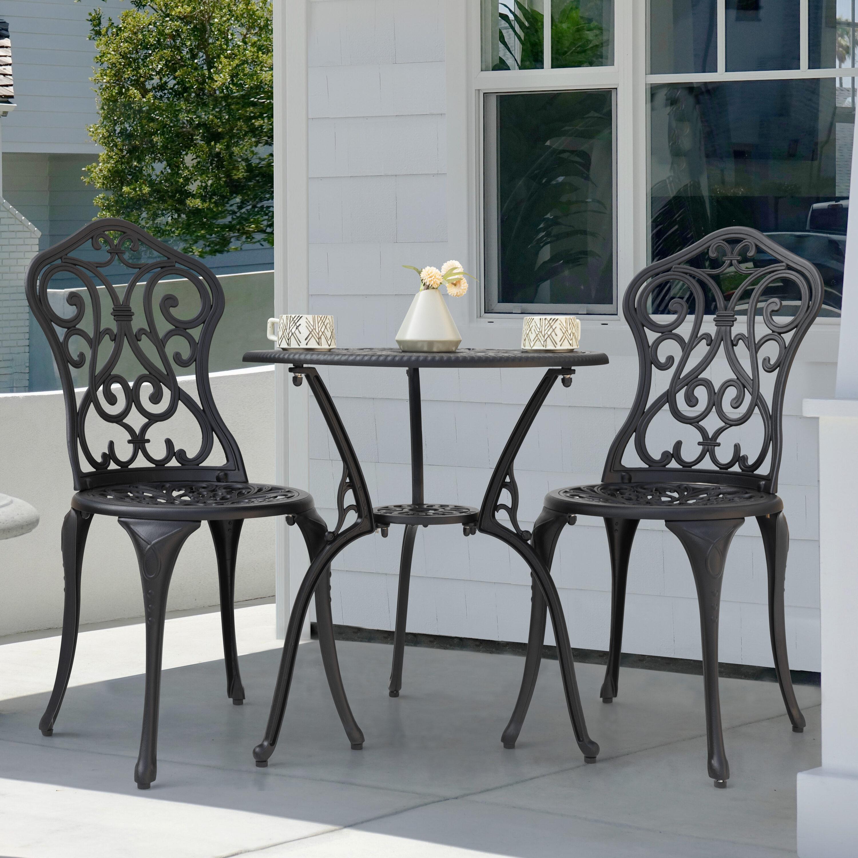 Black Cast Aluminum 3-Piece Outdoor Bistro Set with Floral Design