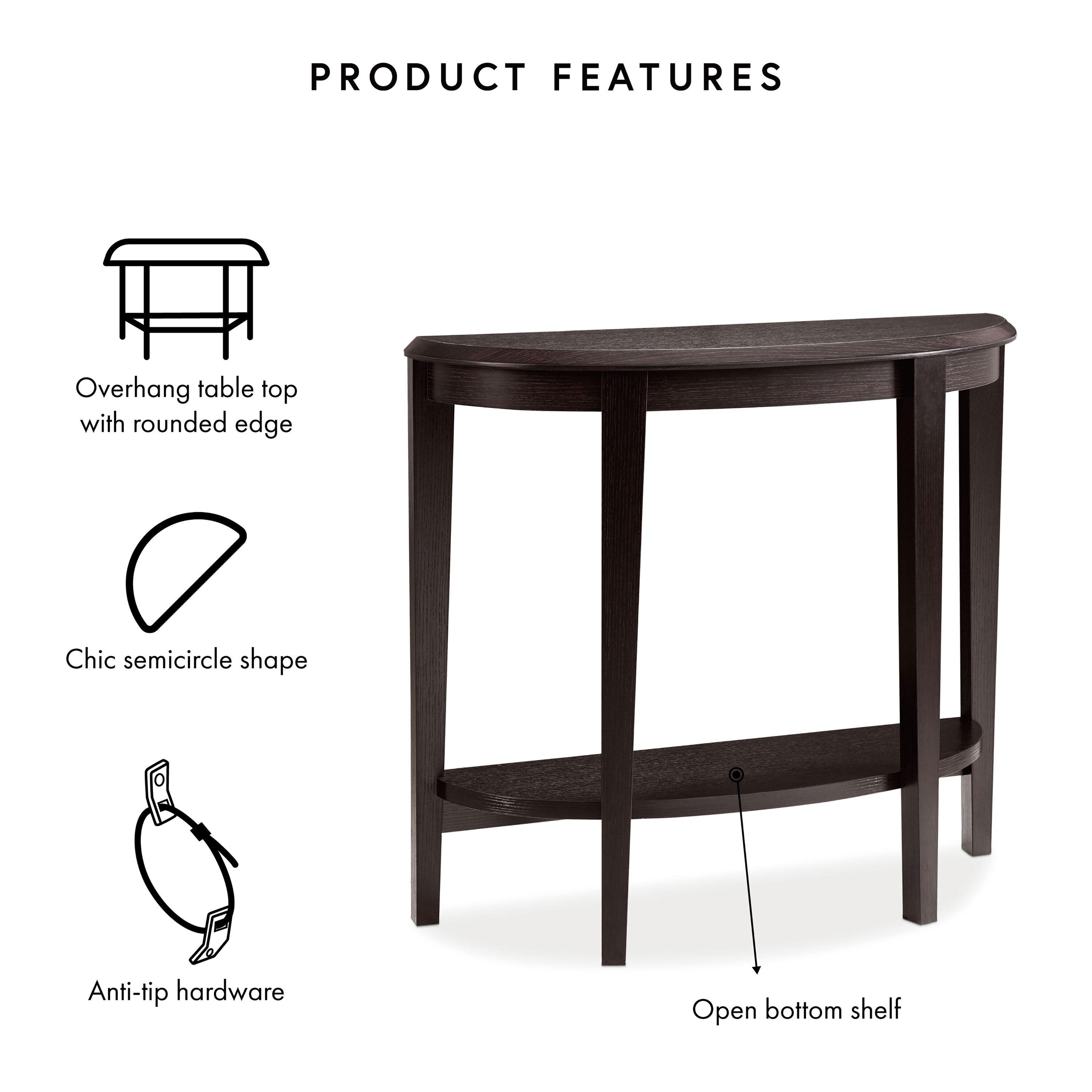 24/7 Shop At Home 36" Heartrhythm Transitional Half Moon Console Table with Shelf Espresso: Entryway Storage, MDF & Veneer