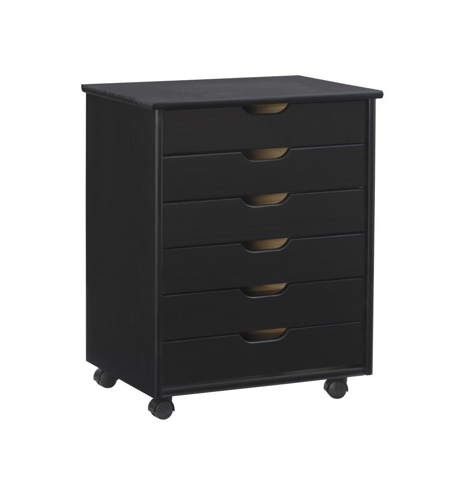 Cary Transitional 6 Drawer Solid Wood Contoured Handle Cut Out Wide Roll Cart Black - Linon: Pine Frame, Farmhouse Style, Portable Storage