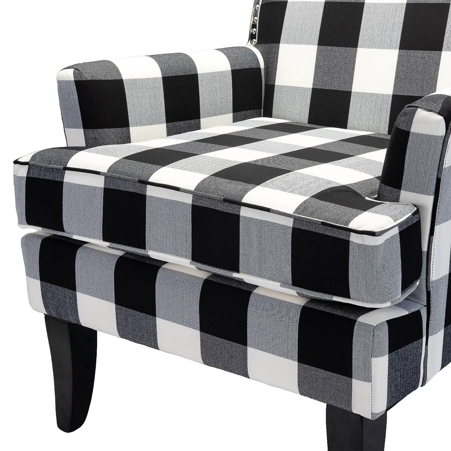 Upholstery Armchair Accent Chair Sofa Couch Wood Legs Nailhead Trim Home Living Room Bedroom Plaid White Black