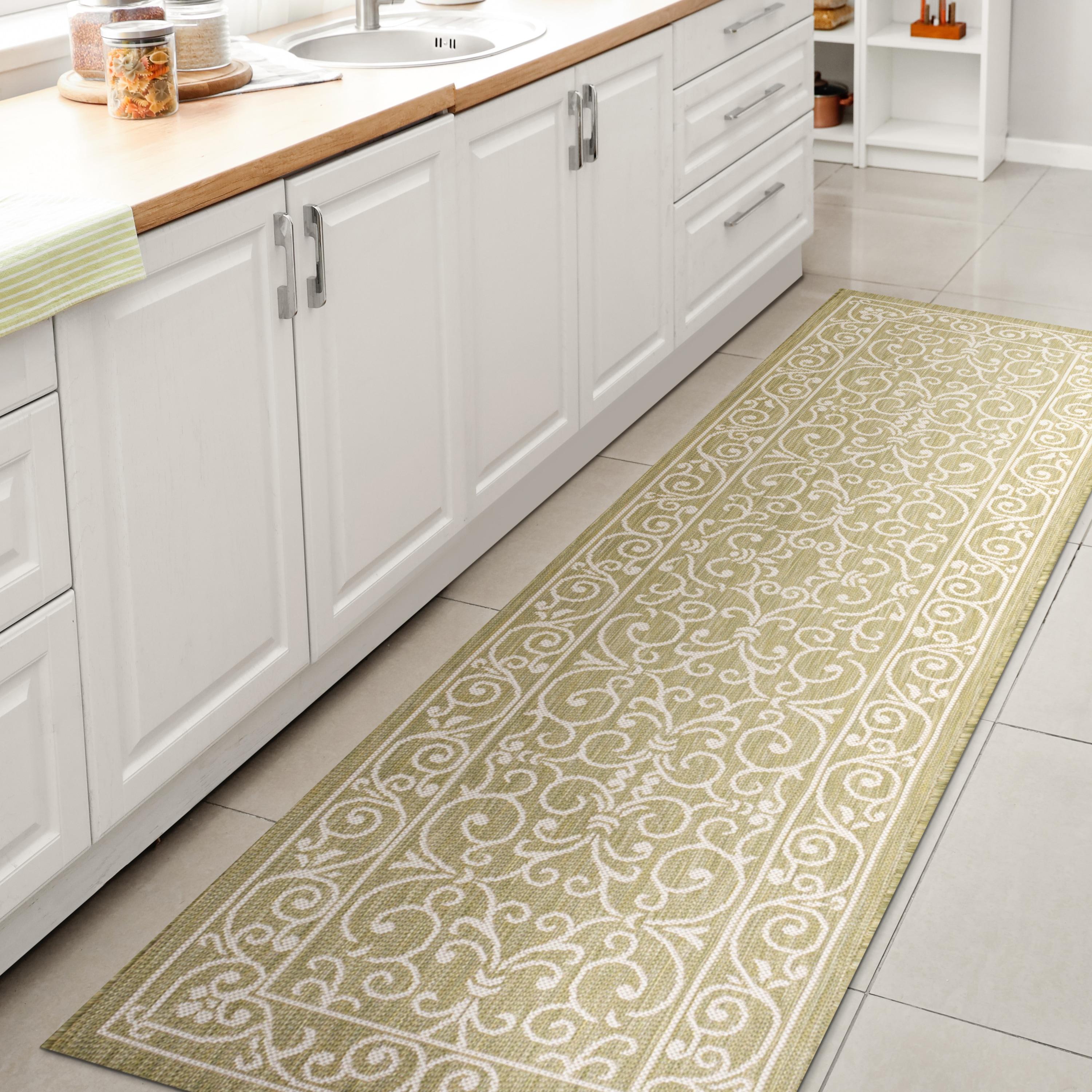 2' x 8' Charleston Vintage Filigree Textured Weave Indoor/Outdoor Runner Rug, Green/Cream - JONATHAN Y