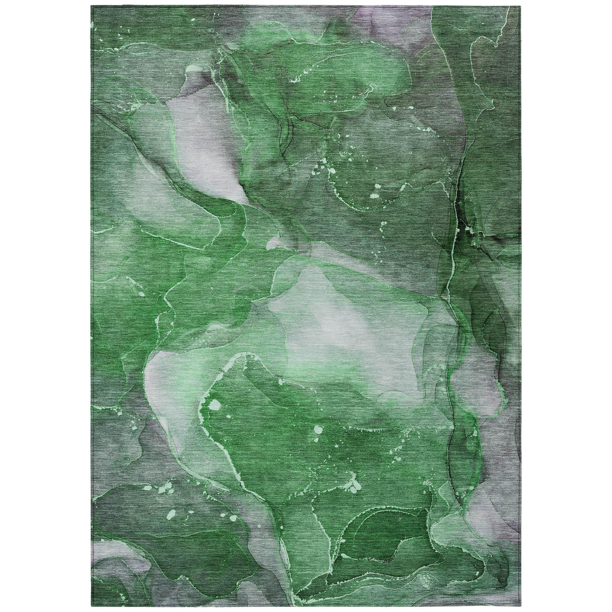 Emerald Green Abstract Watercolor Washable Synthetic Area Rug 3' x 5'