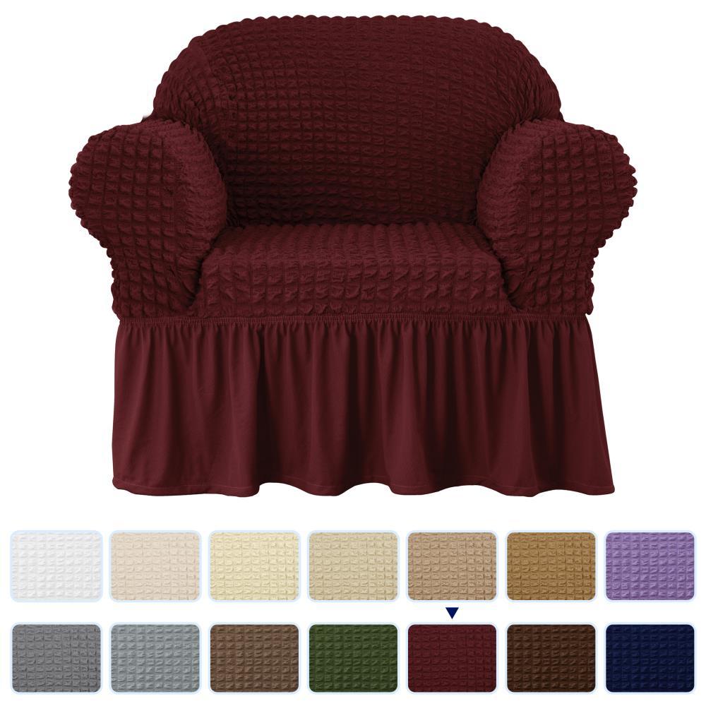 SUBRTEX 1 Piece Seersucker Sofa Slipcover with Skirt Universal Stretch Sofa Couch Slipcover Easy Fitted Chair Furniture Protector(1 Seater,Wine)