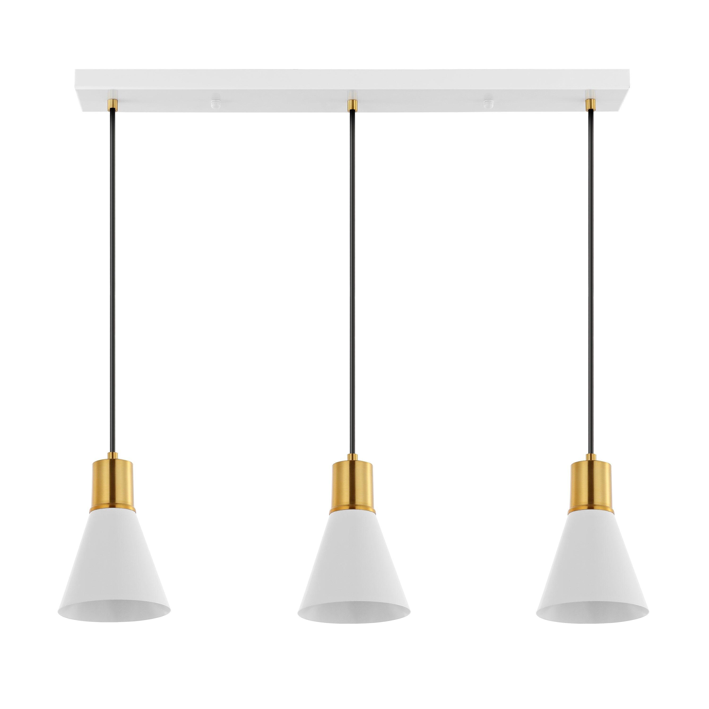 Apollo 33.5" 3-Light Mid-Century Modern Iron Adjustable Linear LED Pendant, White/Brass Gold