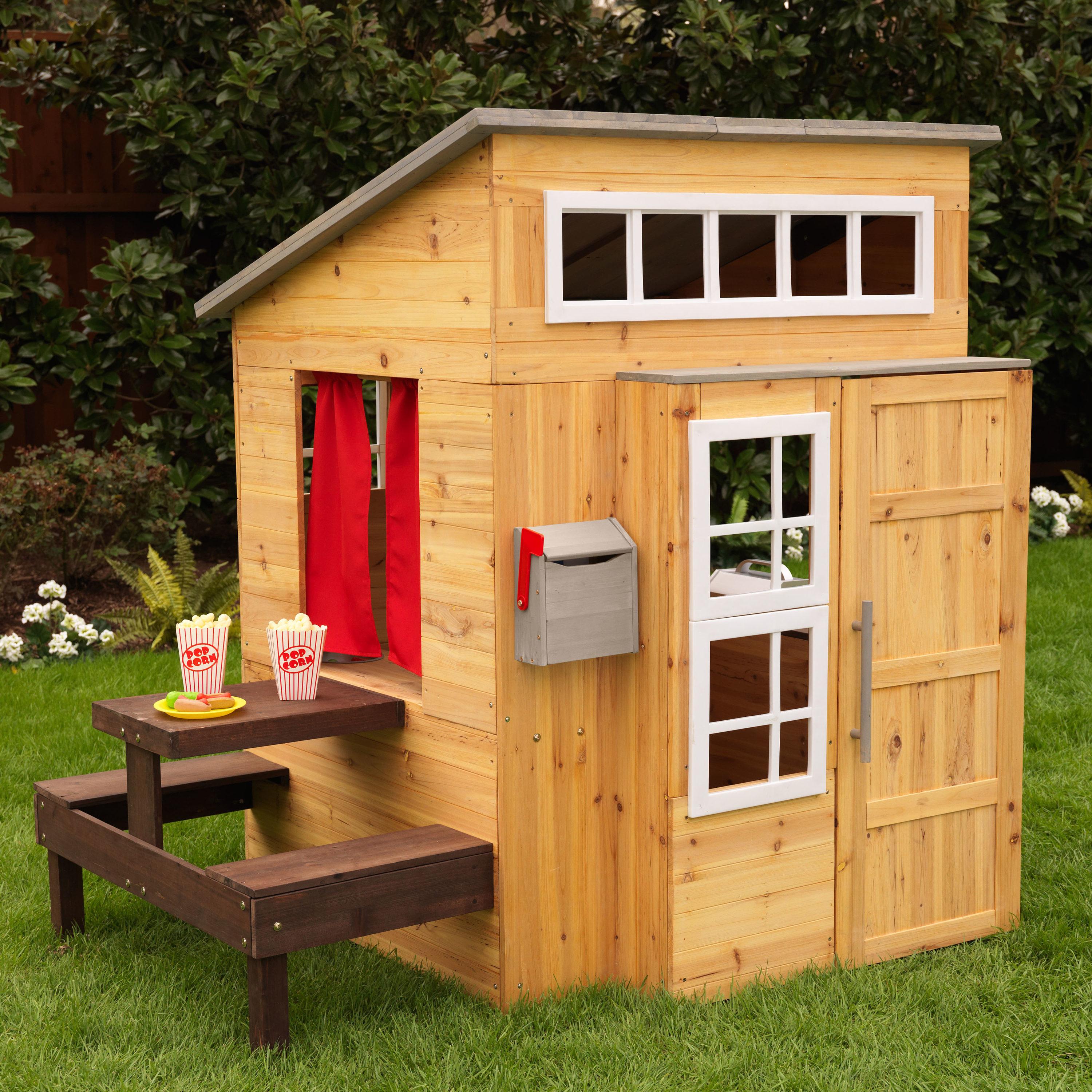 Modern Outdoor Wooden Playhouse with Picnic Table, Mailbox and Outdoor Grill