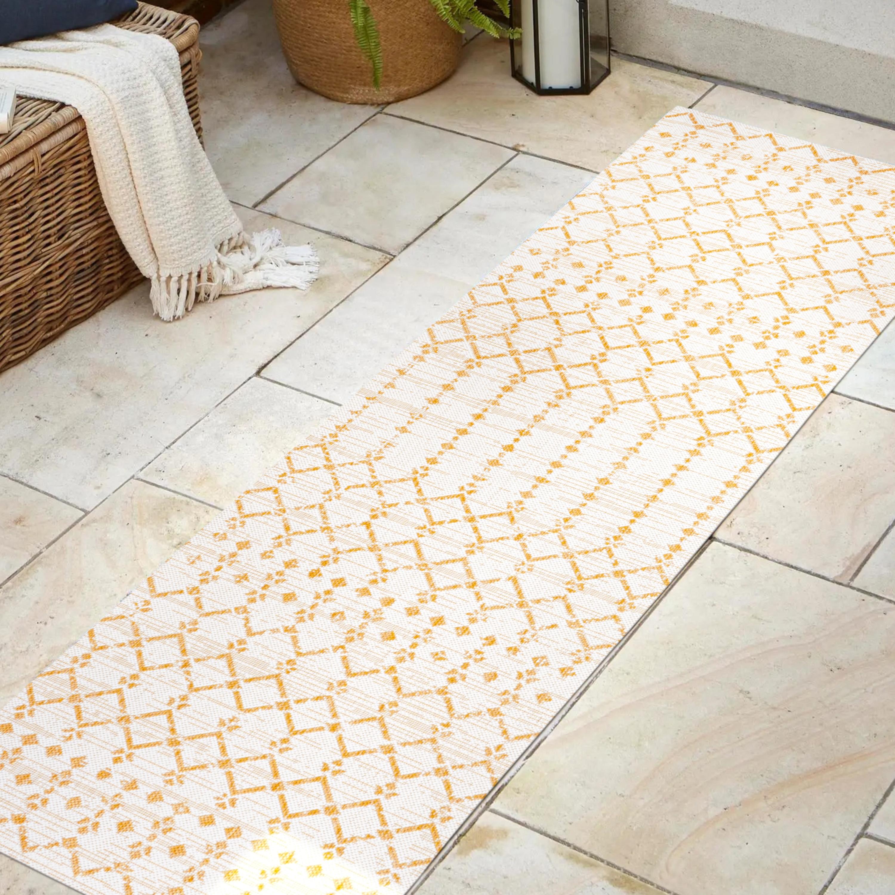 2' x 10' Ourika Moroccan Geometric Textured Weave Indoor/Outdoor Runner Rug, Cream/Yellow - JONATHAN Y